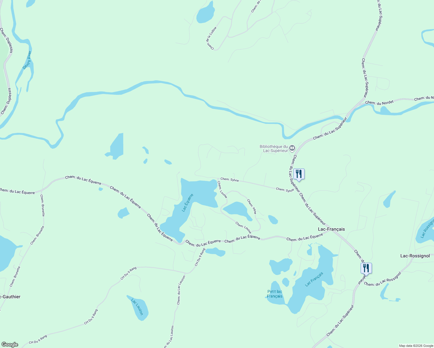 map of restaurants, bars, coffee shops, grocery stores, and more near 186 Chemin Louise in Lac-Supérieur