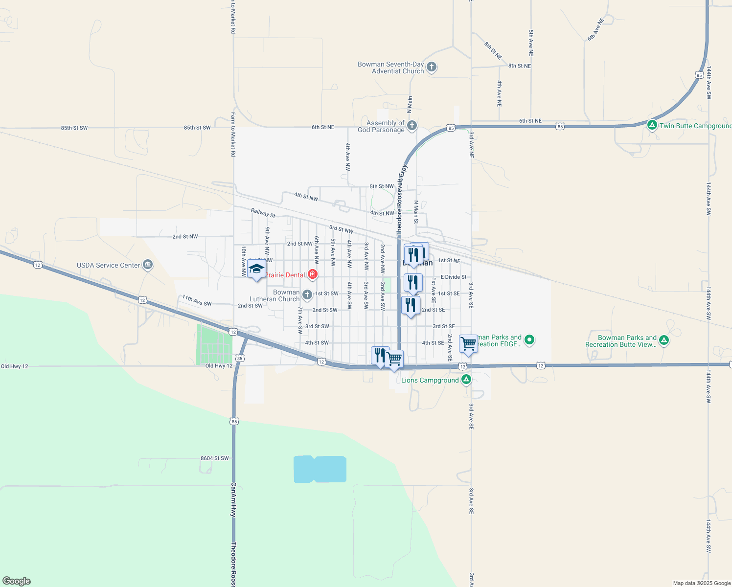 map of restaurants, bars, coffee shops, grocery stores, and more near 98 3rd Avenue Southwest in Bowman