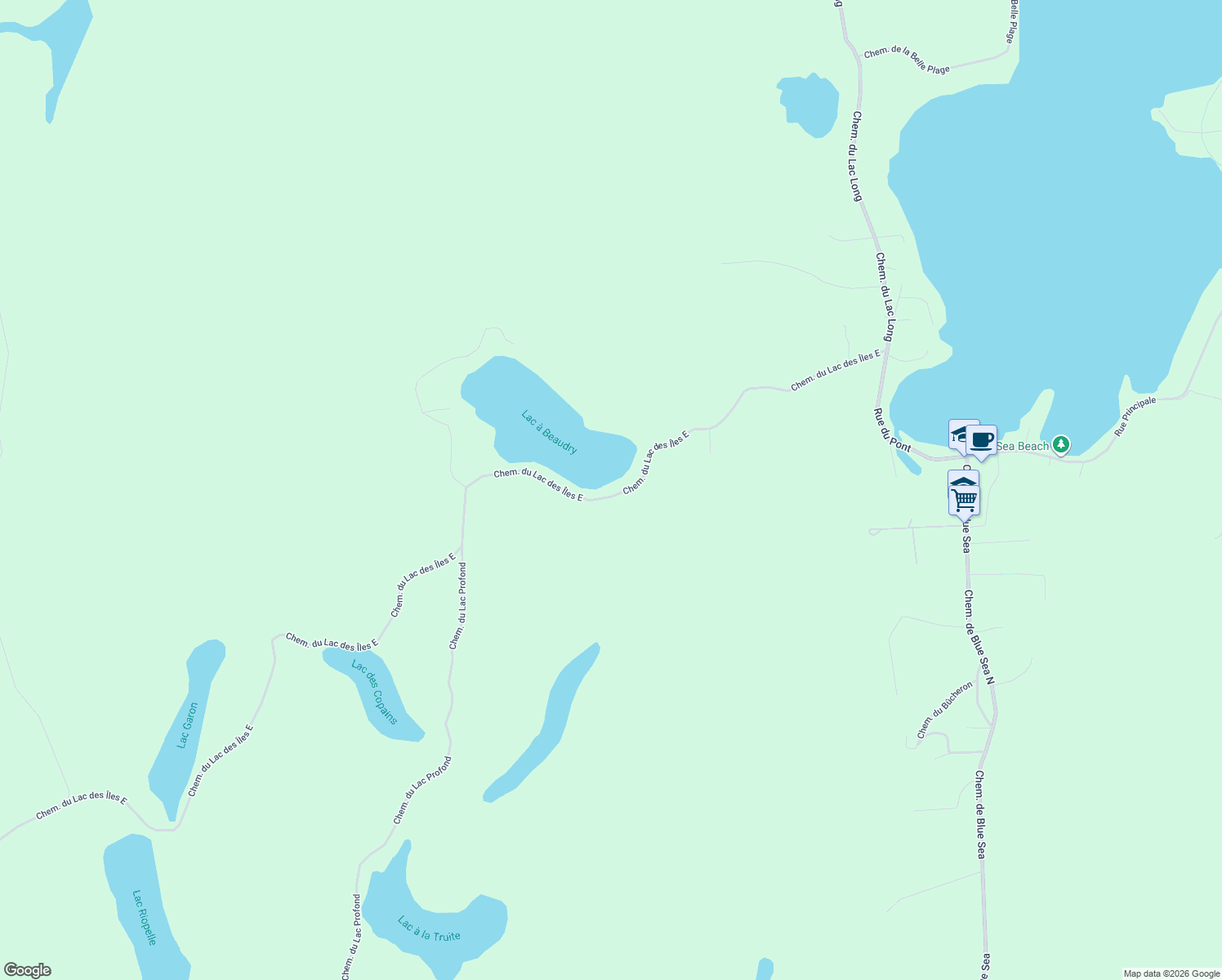 map of restaurants, bars, coffee shops, grocery stores, and more near 54 Chemin du Lac des Îles Est in Blue Sea