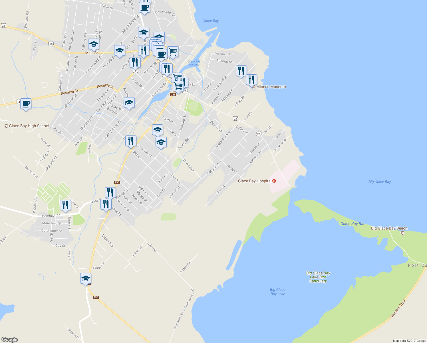 map of restaurants, bars, coffee shops, grocery stores, and more near 233 Douglas Avenue in Glace Bay