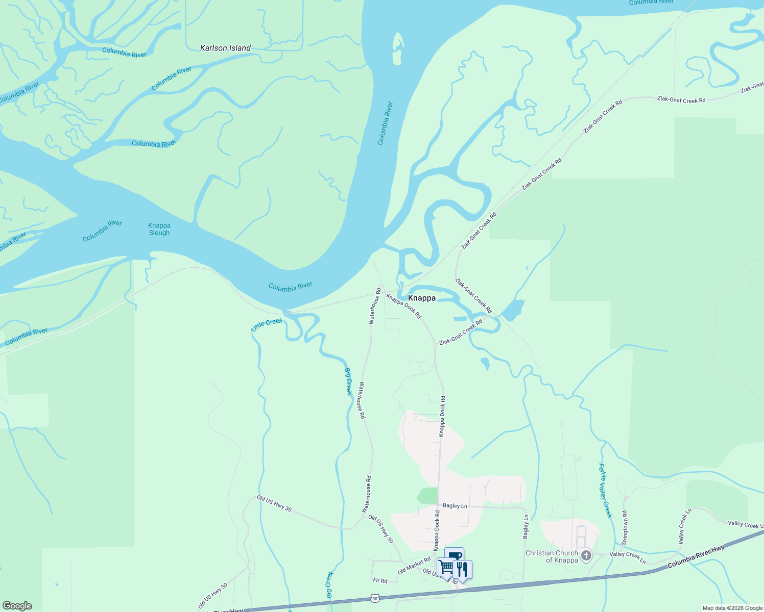 map of restaurants, bars, coffee shops, grocery stores, and more near 93275 Knappa Platt Road in Astoria