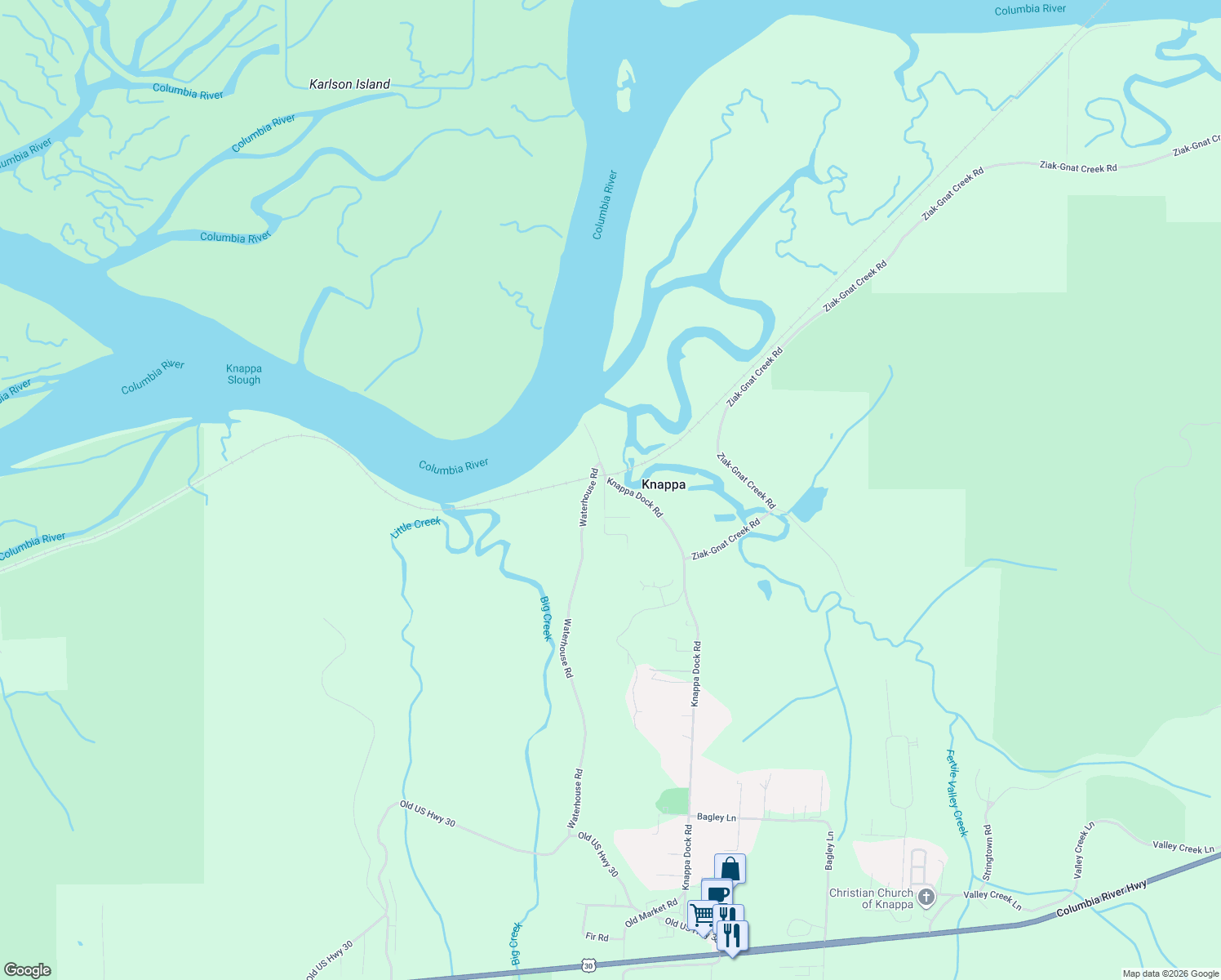 map of restaurants, bars, coffee shops, grocery stores, and more near 93275 Knappa Platt Road in Astoria