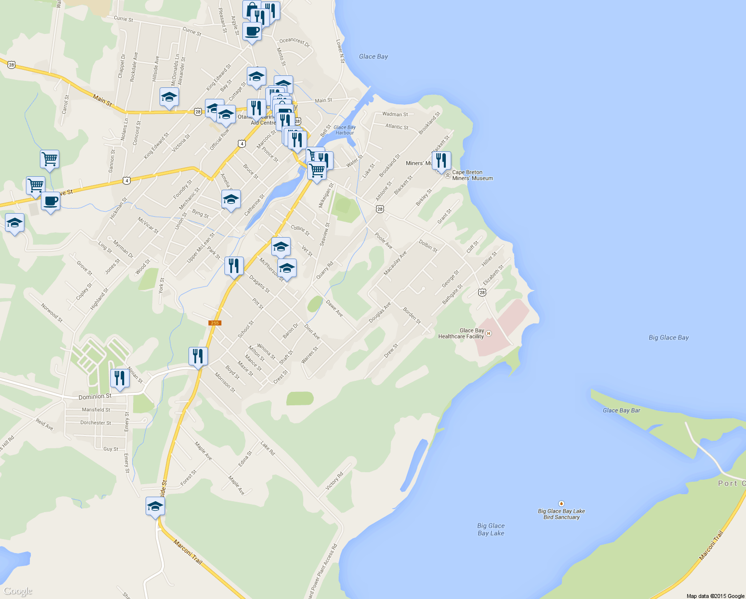 map of restaurants, bars, coffee shops, grocery stores, and more near 10 Don Gordon Street in Glace Bay
