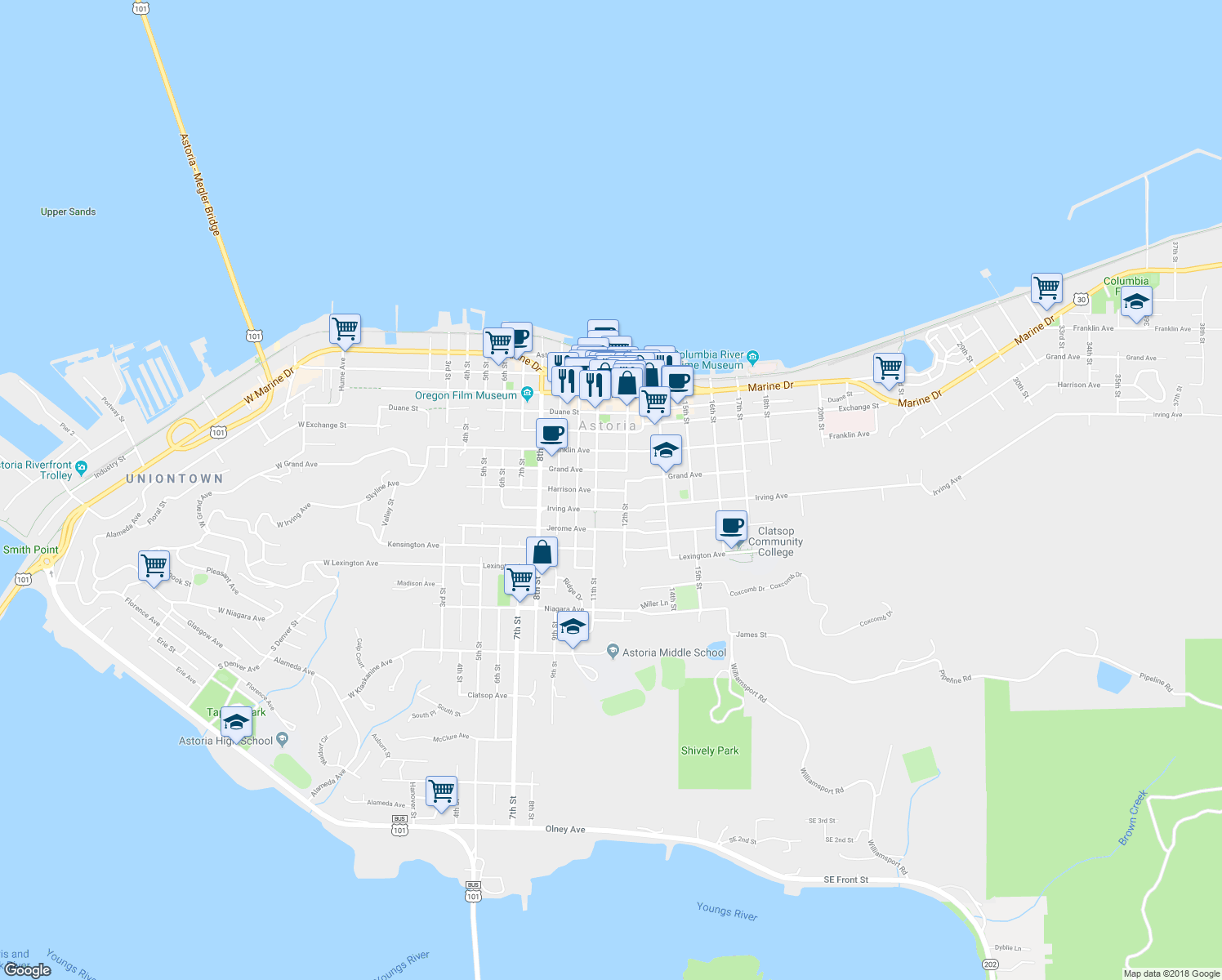map of restaurants, bars, coffee shops, grocery stores, and more near 1151 Harrison Avenue in Astoria