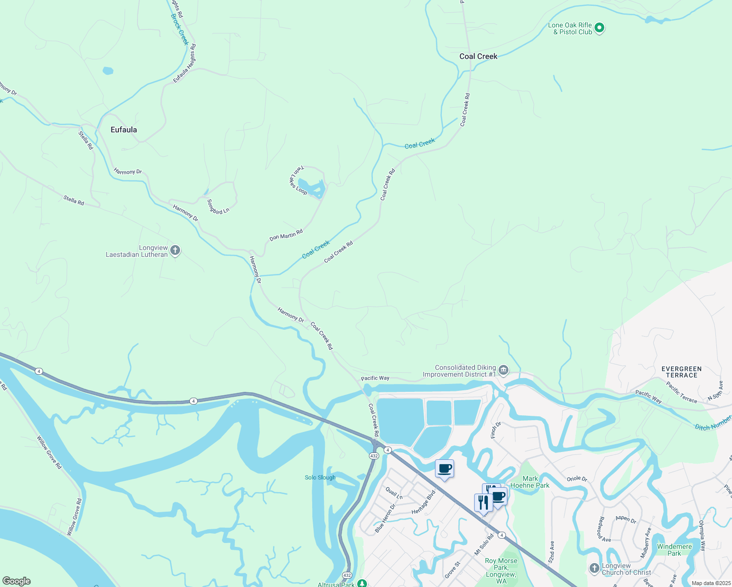 map of restaurants, bars, coffee shops, grocery stores, and more near 128 Niemi Road in Longview