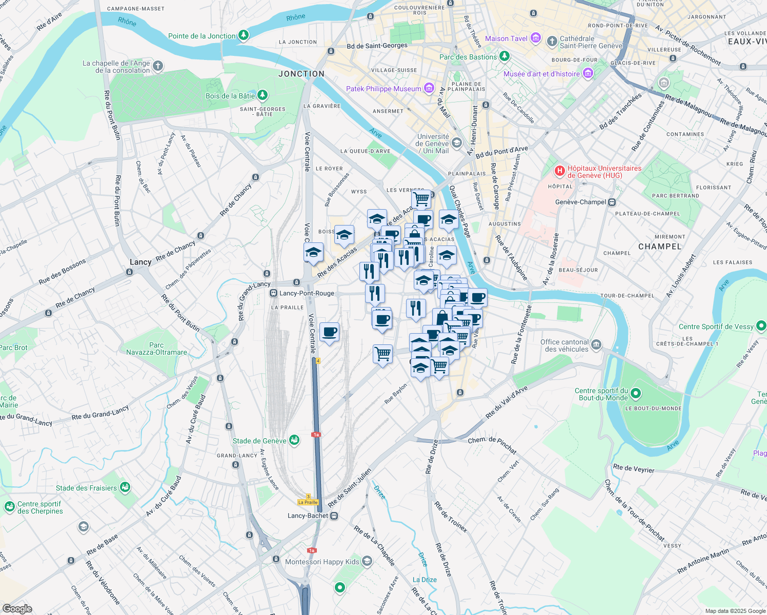 map of restaurants, bars, coffee shops, grocery stores, and more near in Carouge