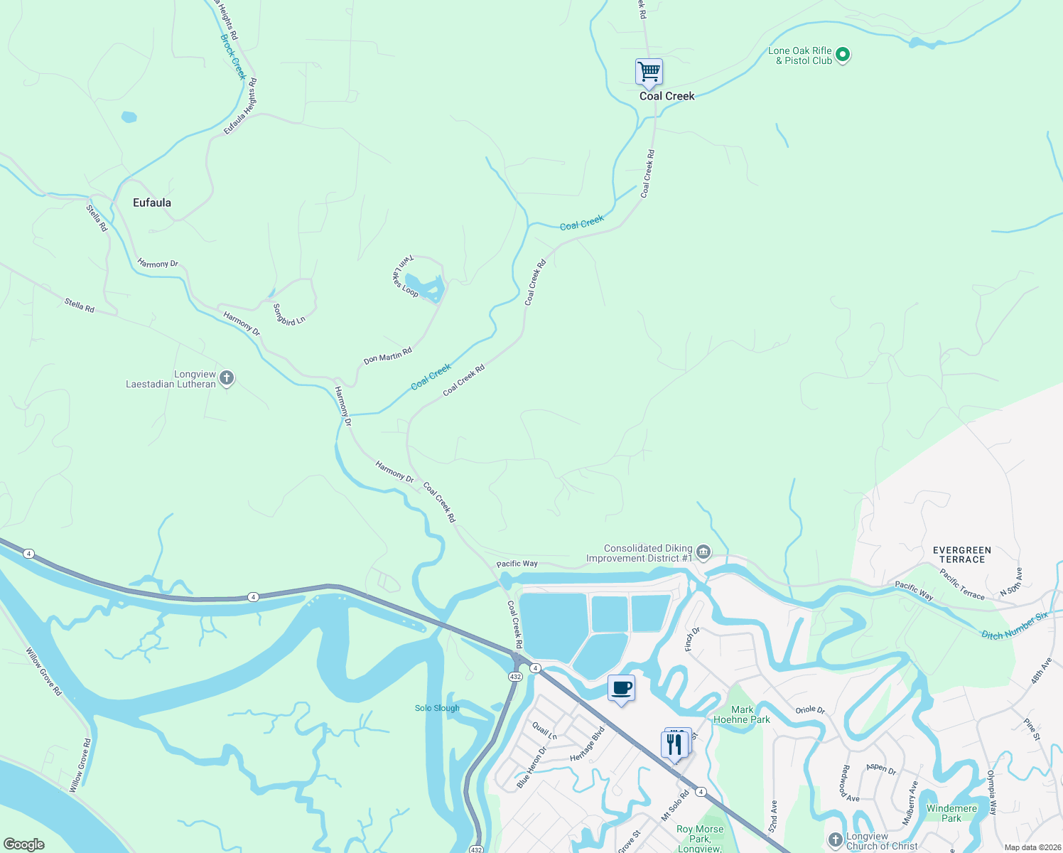 map of restaurants, bars, coffee shops, grocery stores, and more near 150 Puma Road in Longview