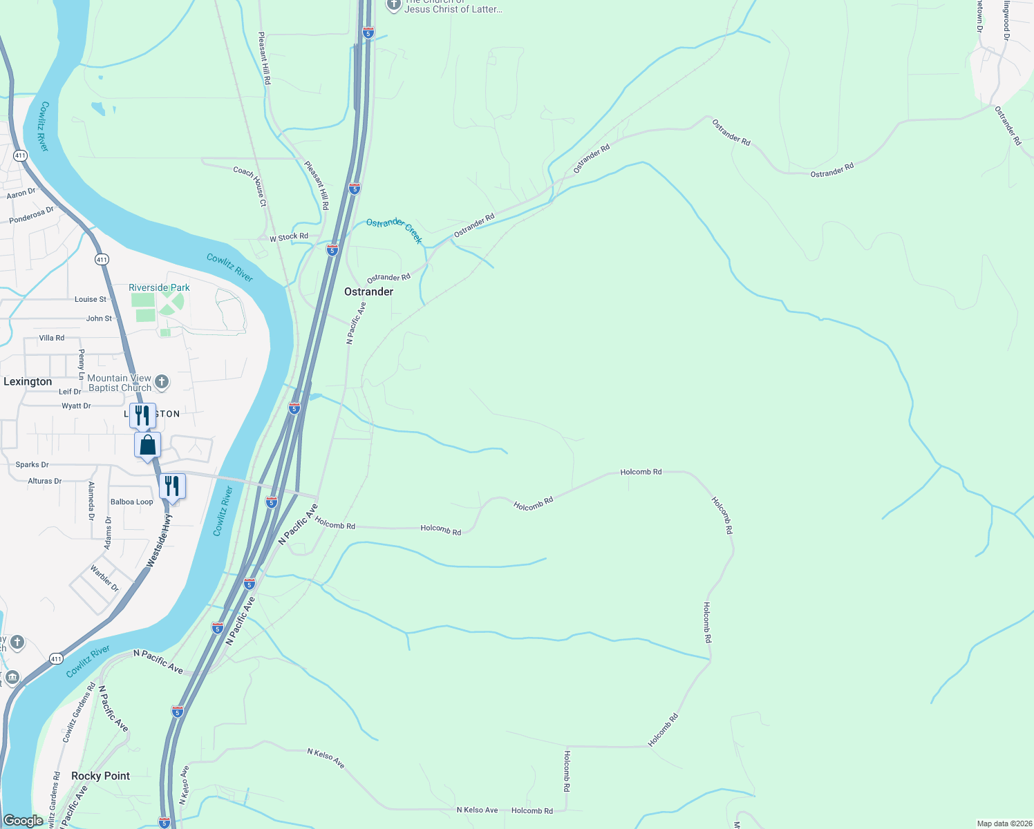 map of restaurants, bars, coffee shops, grocery stores, and more near 250 Holcomb Spur Road in Kelso