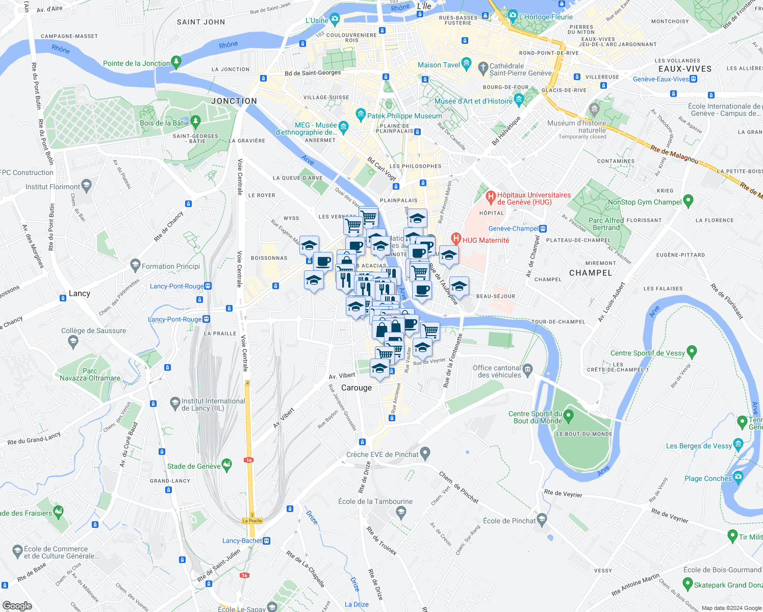 map of restaurants, bars, coffee shops, grocery stores, and more near 8 Place de l'Octroi in Carouge