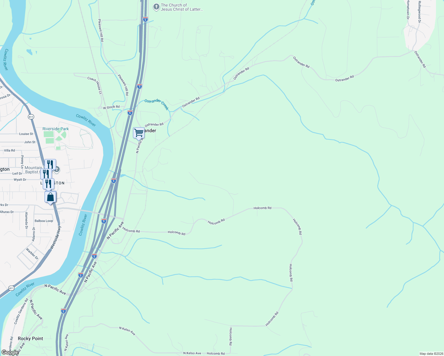map of restaurants, bars, coffee shops, grocery stores, and more near 250 Holcomb Spur Road in Kelso