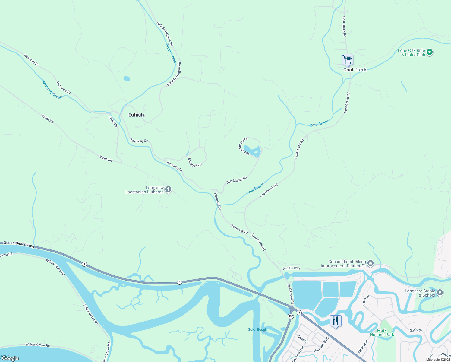map of restaurants, bars, coffee shops, grocery stores, and more near 203 Don Martin Road in Longview