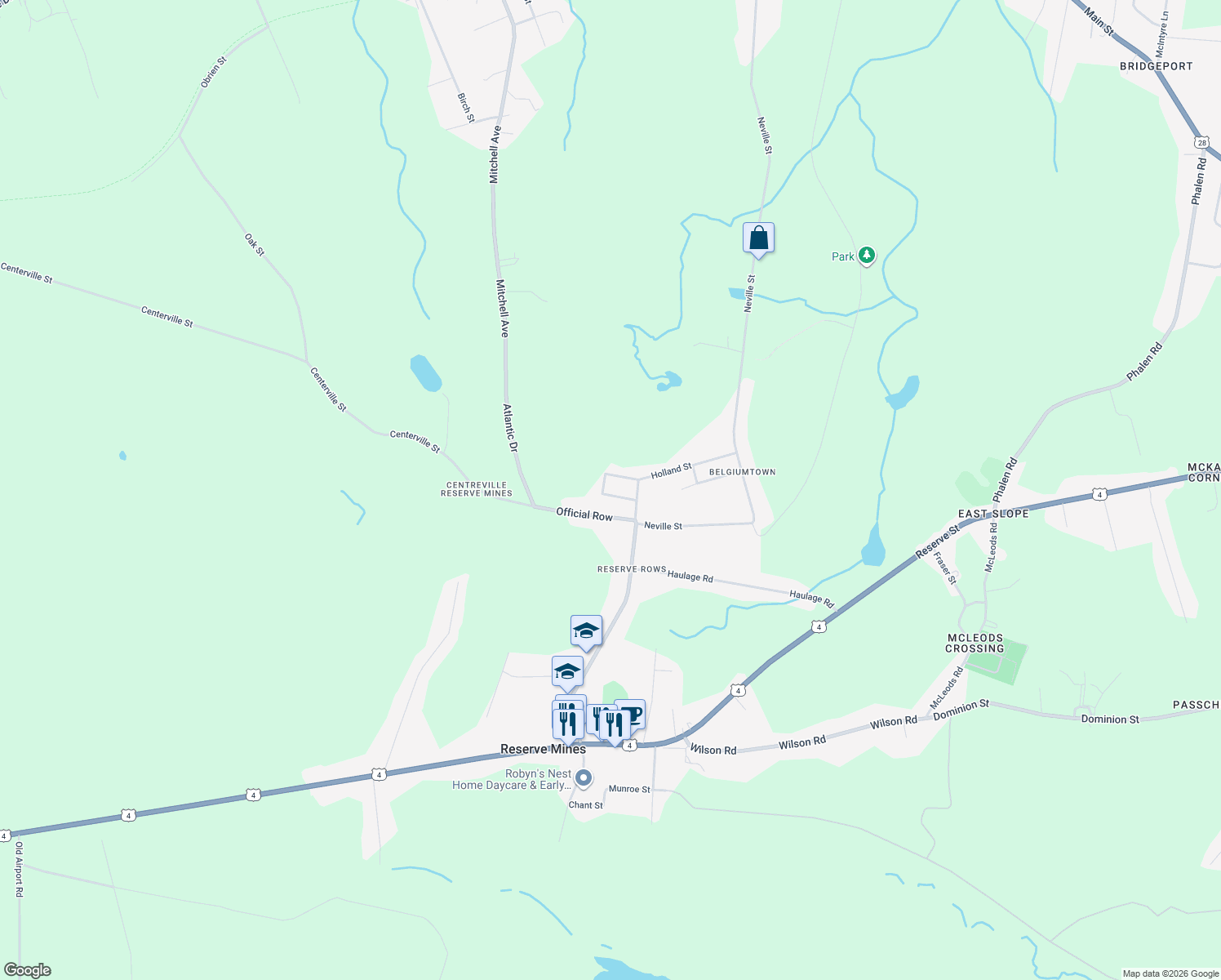 map of restaurants, bars, coffee shops, grocery stores, and more near 18 Poland Street in Reserve Mines