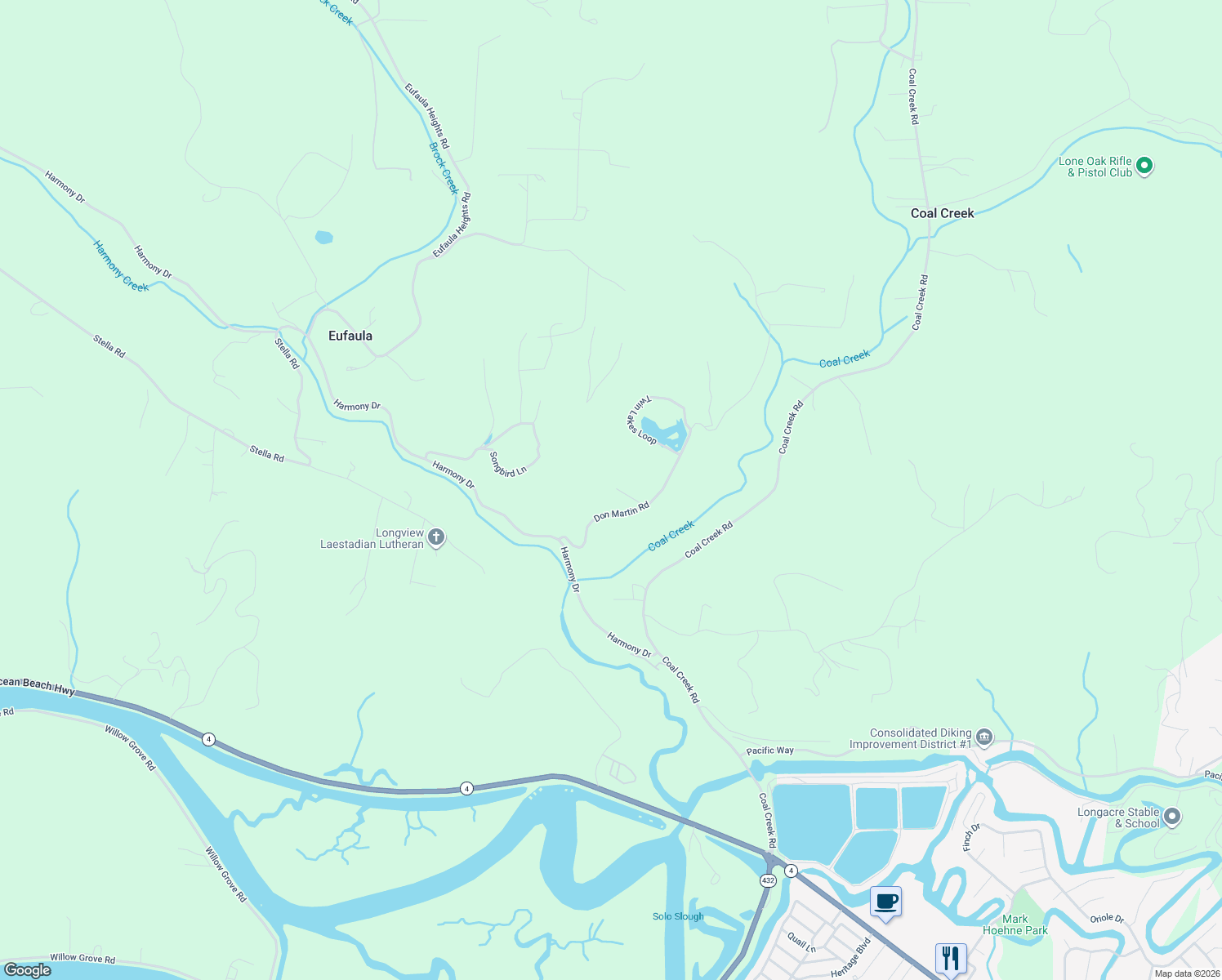 map of restaurants, bars, coffee shops, grocery stores, and more near 203 Don Martin Road in Longview