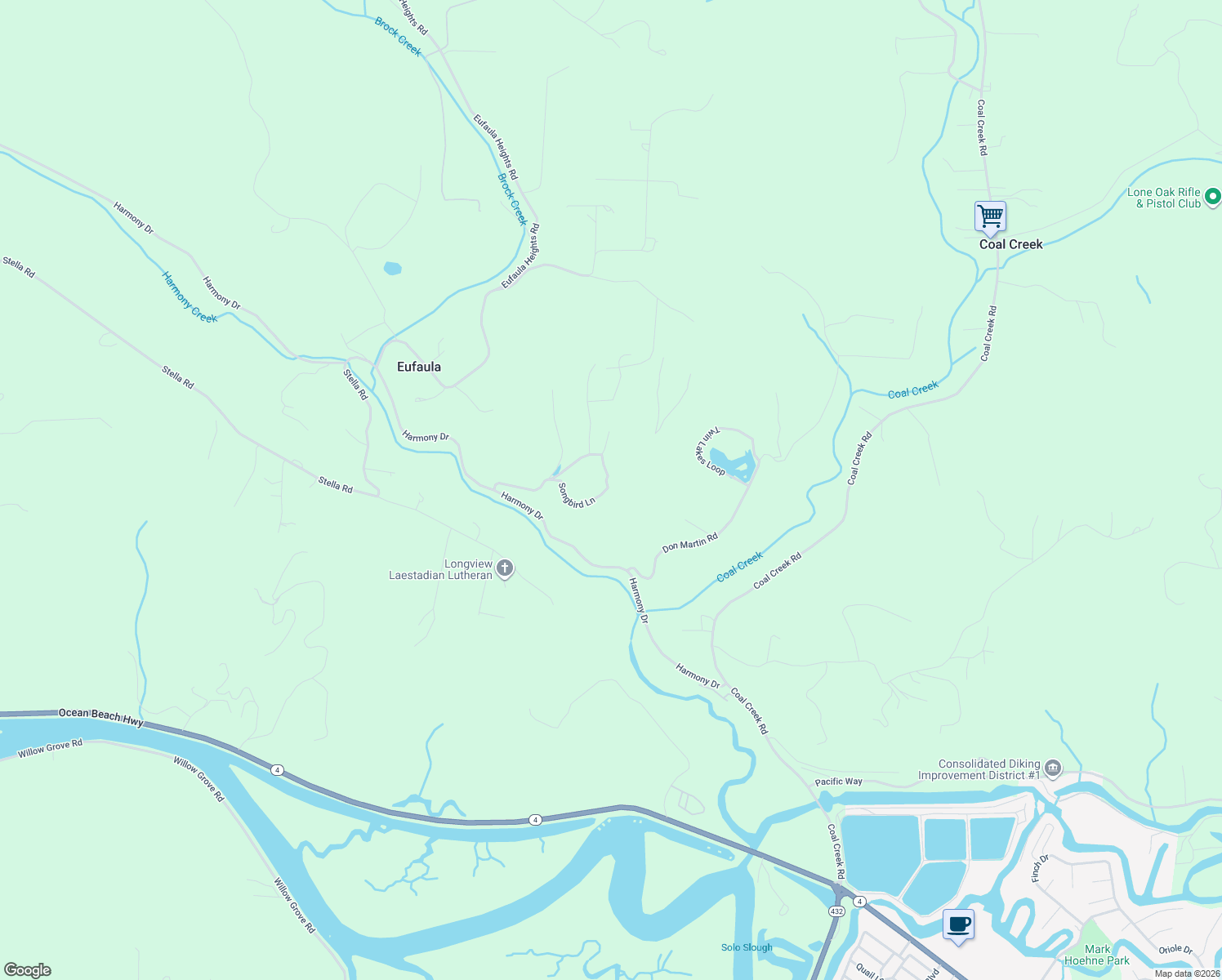 map of restaurants, bars, coffee shops, grocery stores, and more near 224 Songbird Lane in Longview
