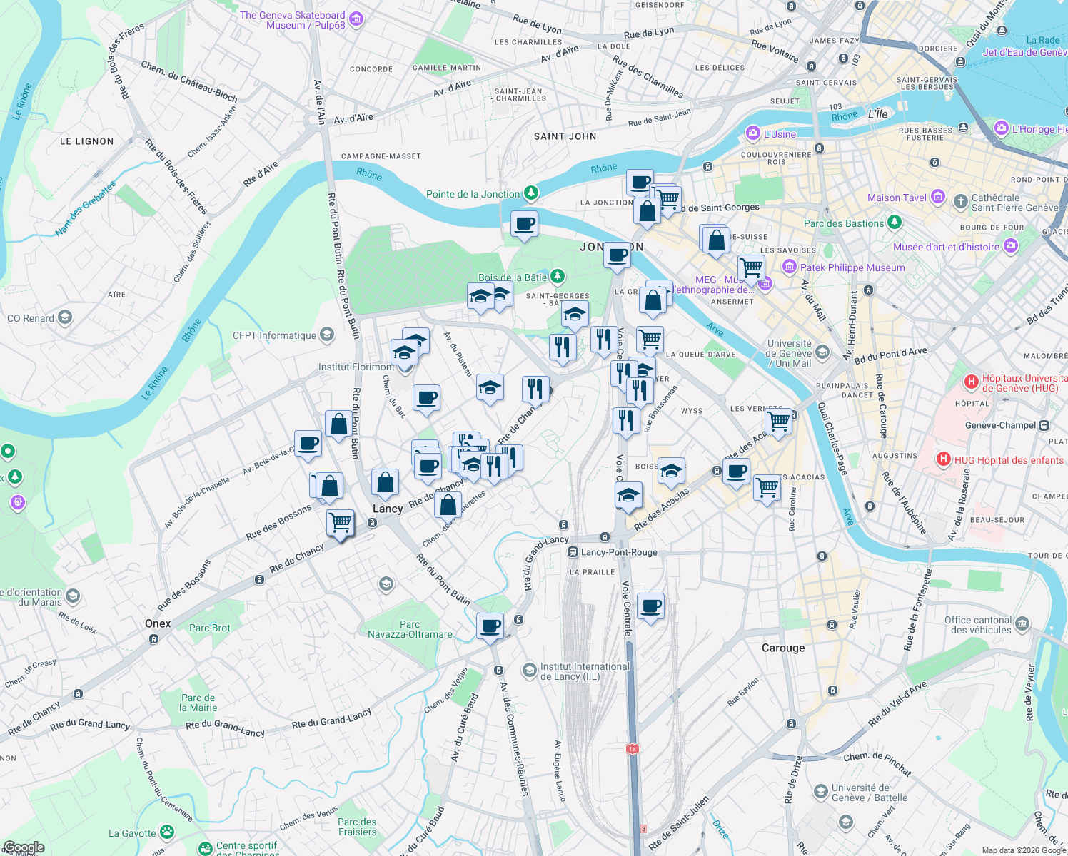 map of restaurants, bars, coffee shops, grocery stores, and more near Chemin des Erables in Lancy
