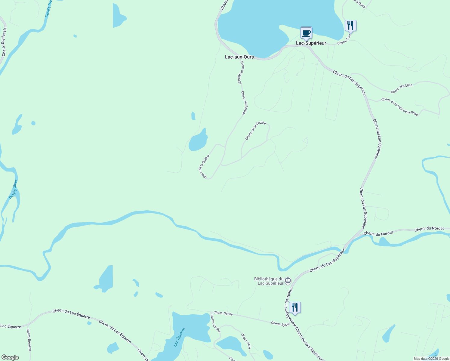 map of restaurants, bars, coffee shops, grocery stores, and more near Chemin du Refuge in Laurentides