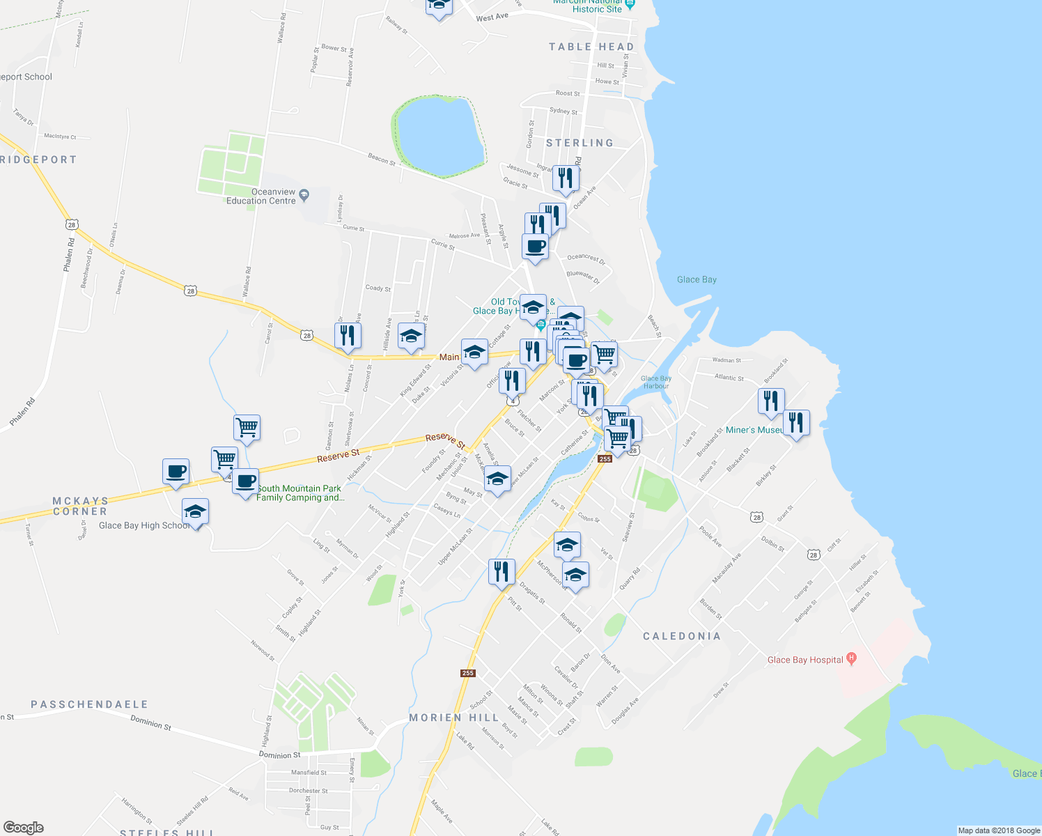 map of restaurants, bars, coffee shops, grocery stores, and more near 6 Fletcher Street in Glace Bay