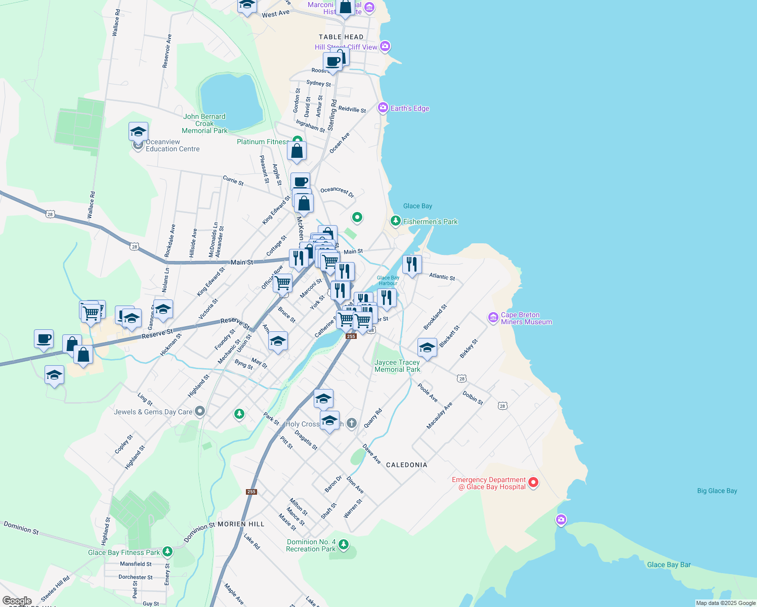 map of restaurants, bars, coffee shops, grocery stores, and more near 12 Rochelle Street in Glace Bay