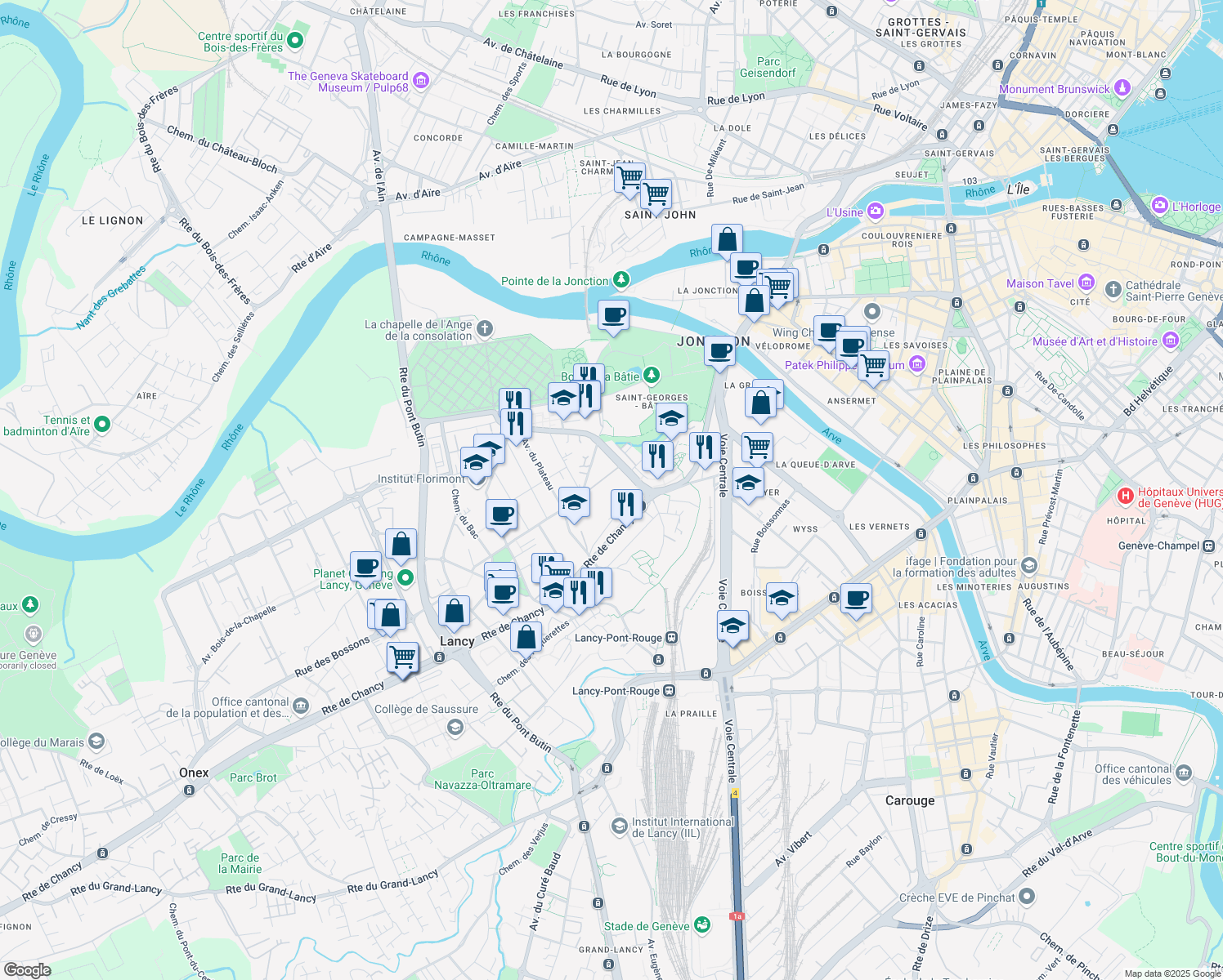 map of restaurants, bars, coffee shops, grocery stores, and more near 47 Route de Saint-Georges in Petit-Lancy