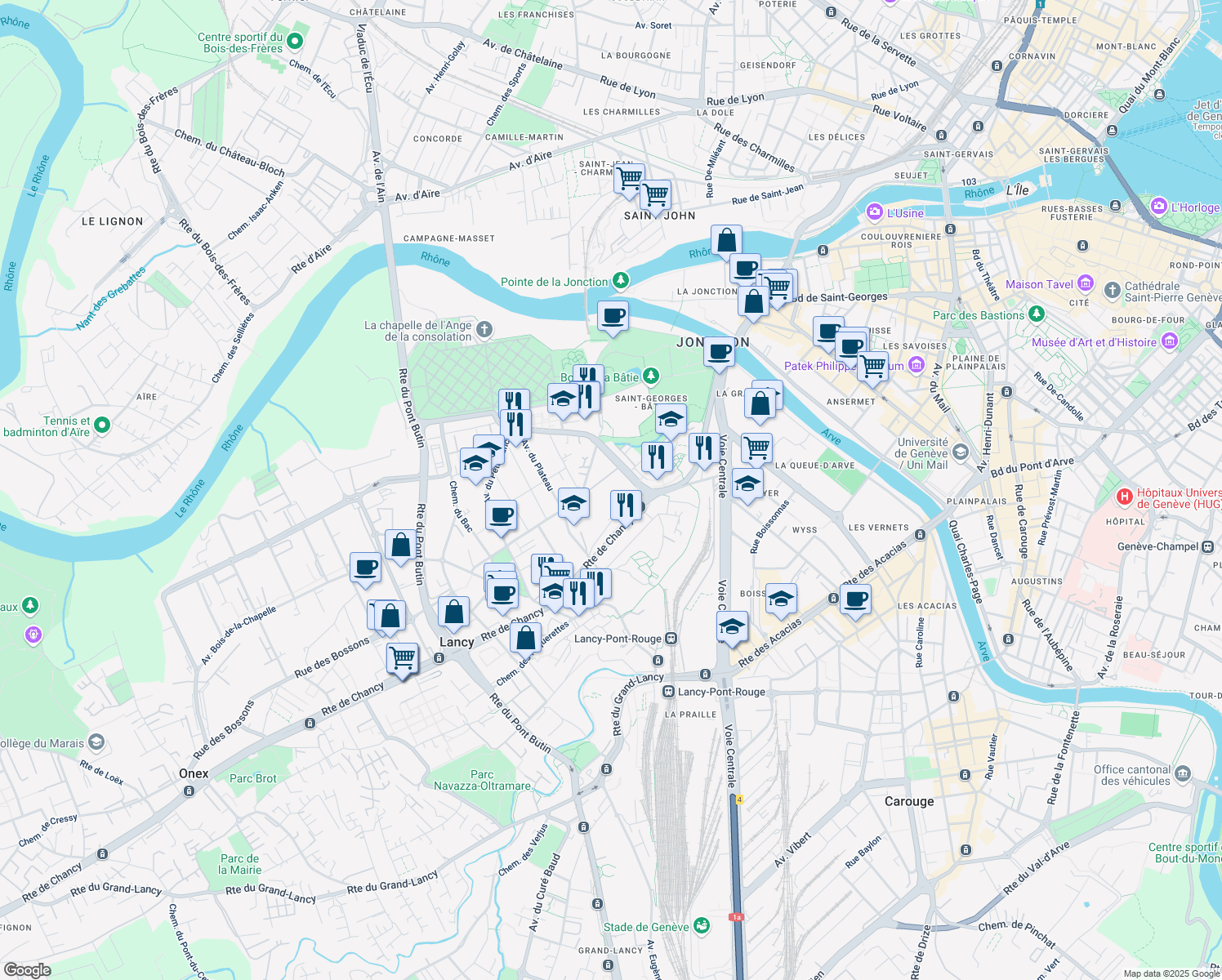map of restaurants, bars, coffee shops, grocery stores, and more near 47 Route de Saint-Georges in Petit-Lancy