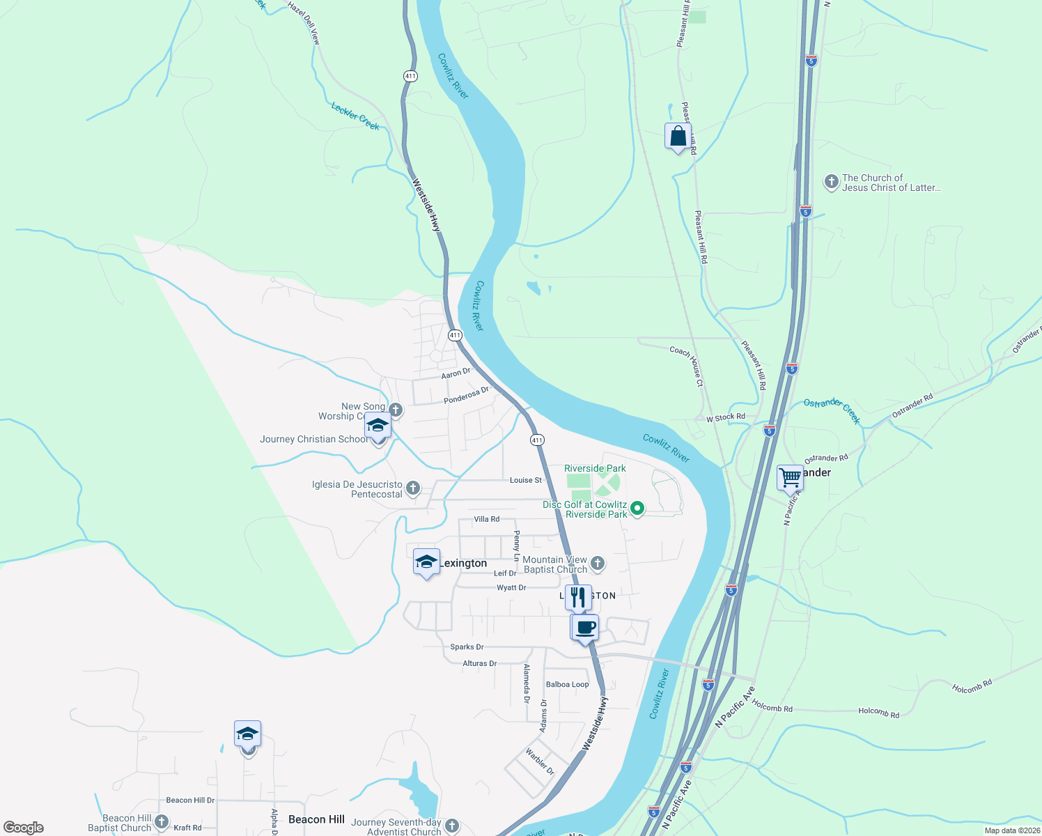 map of restaurants, bars, coffee shops, grocery stores, and more near 1935 Westside Hwy in Kelso