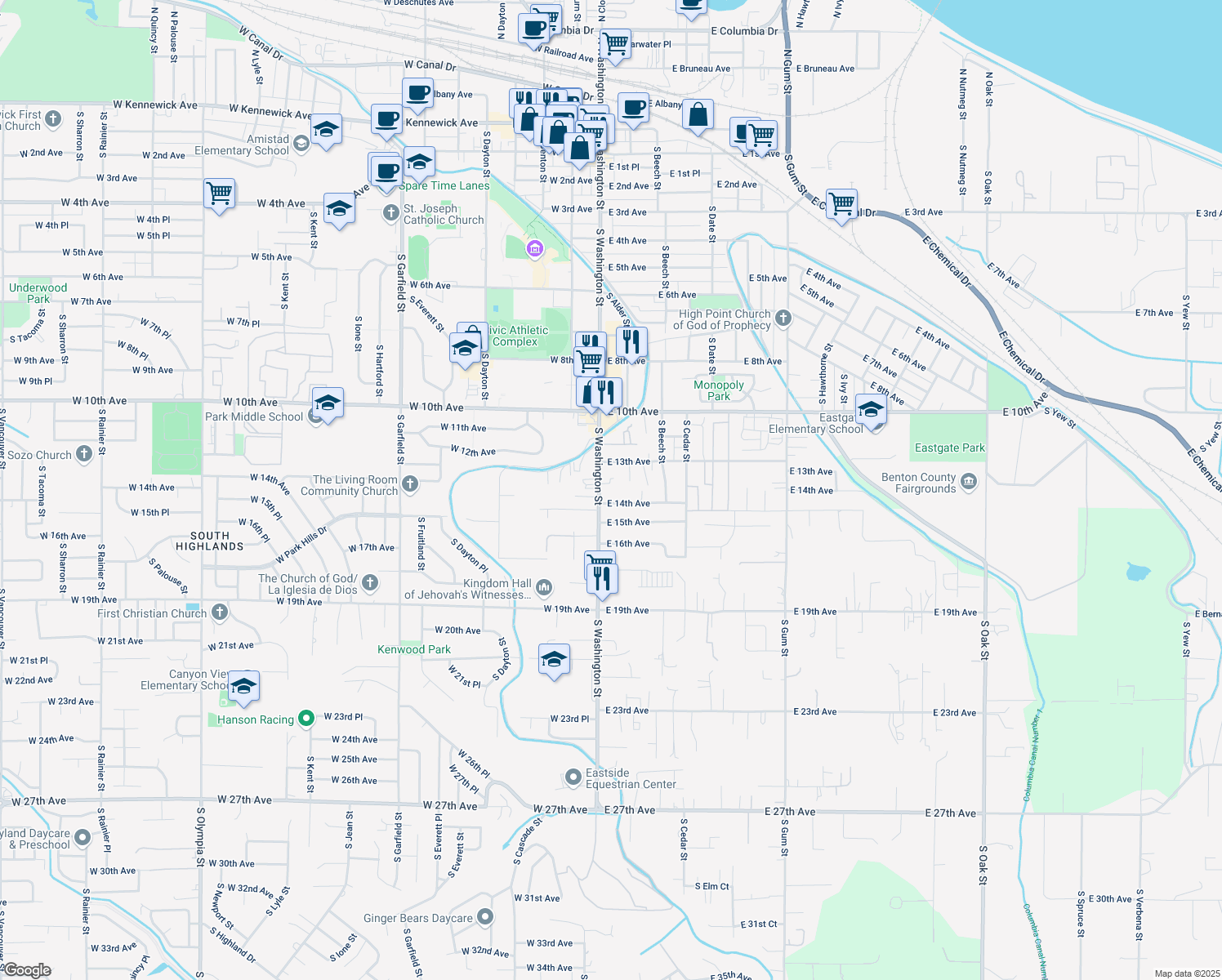 map of restaurants, bars, coffee shops, grocery stores, and more near 1345 South Washington Street in Kennewick