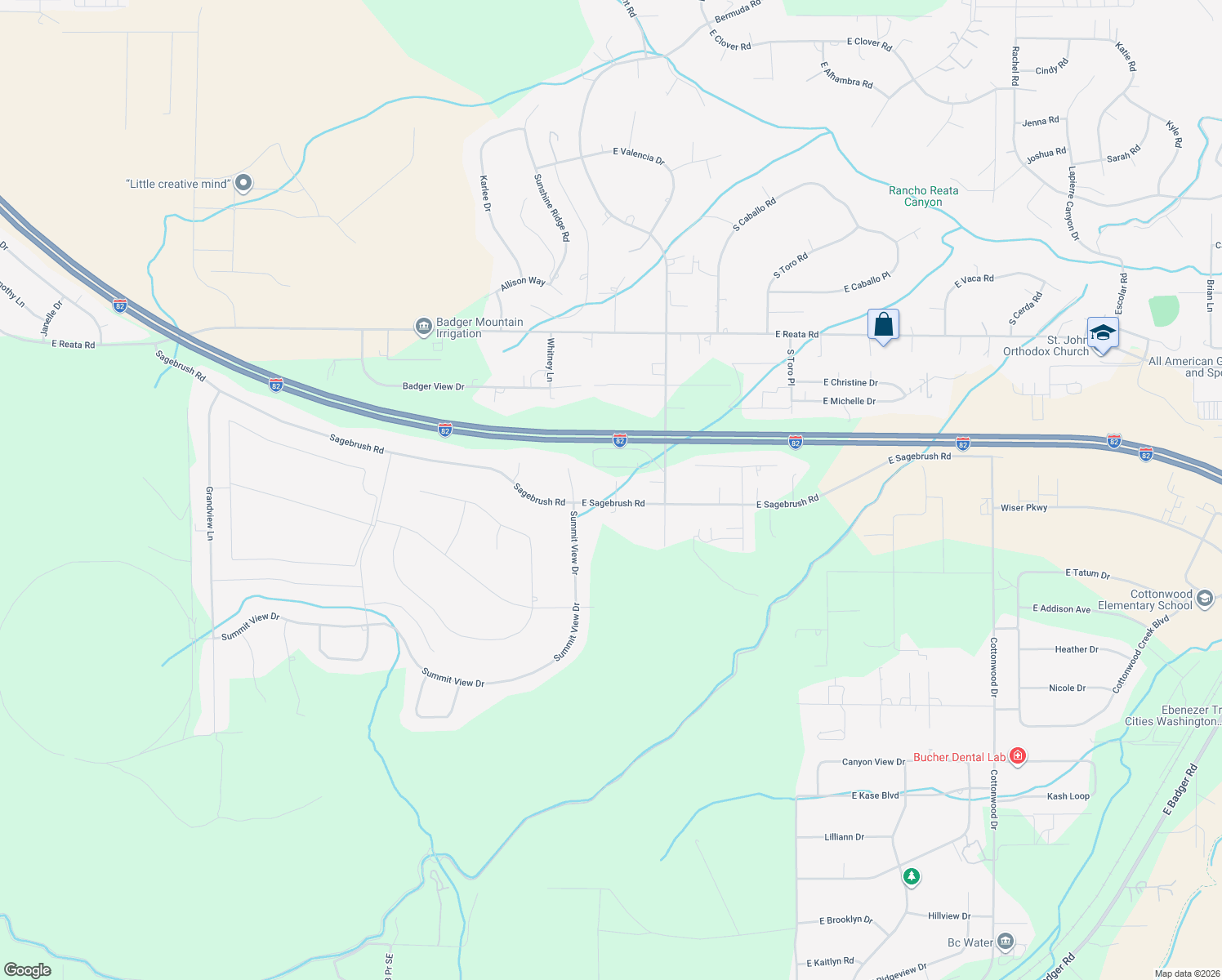 map of restaurants, bars, coffee shops, grocery stores, and more near 92104 East Sagebrush Road in Kennewick