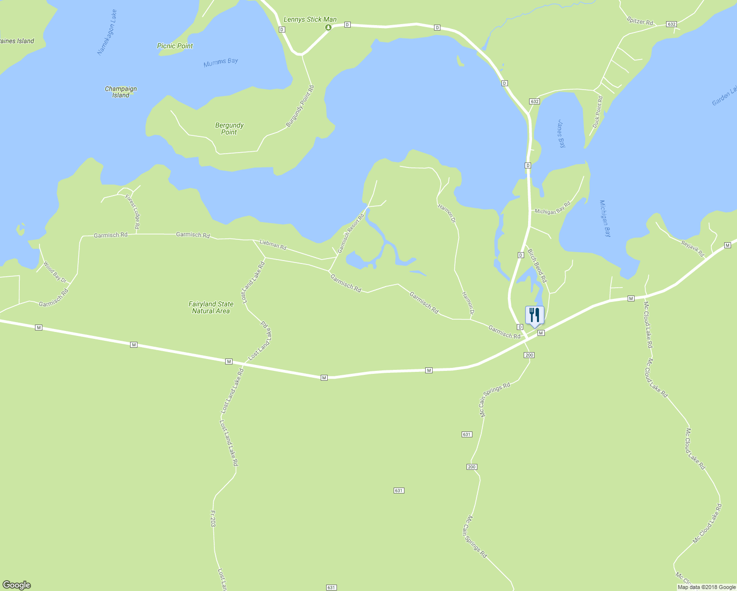 map of restaurants, bars, coffee shops, grocery stores, and more near 23165 Garmisch Road in Cable