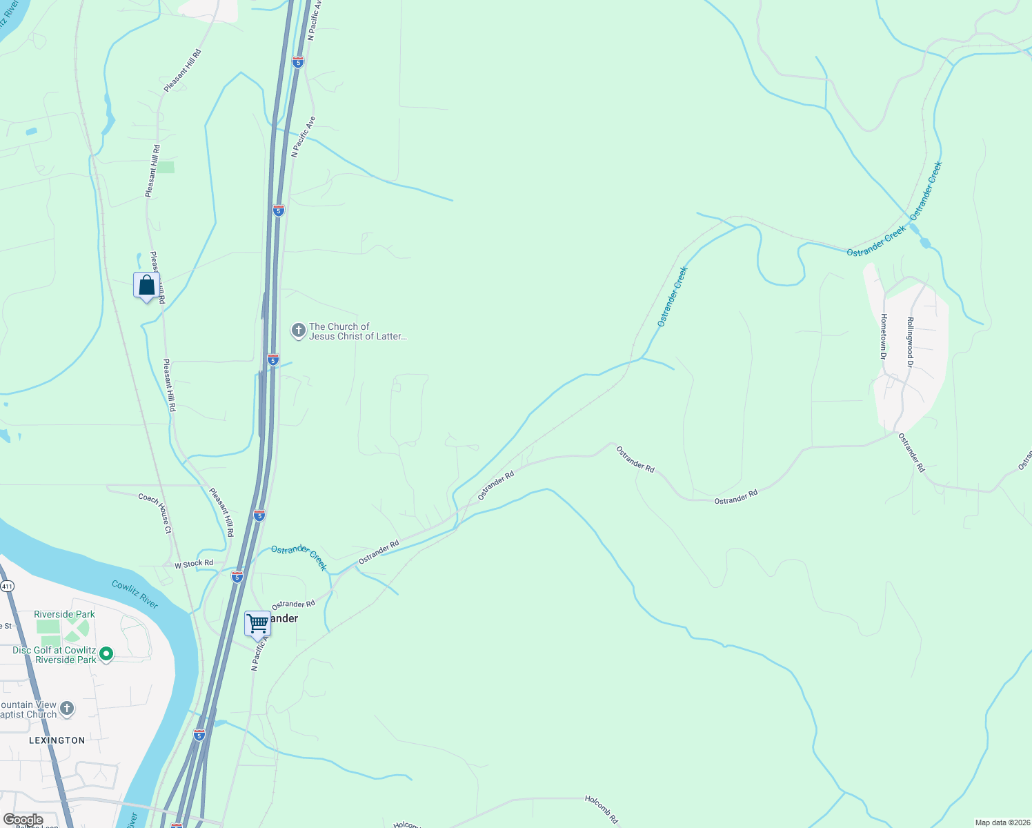 map of restaurants, bars, coffee shops, grocery stores, and more near 720 Ostrander Road in Kelso