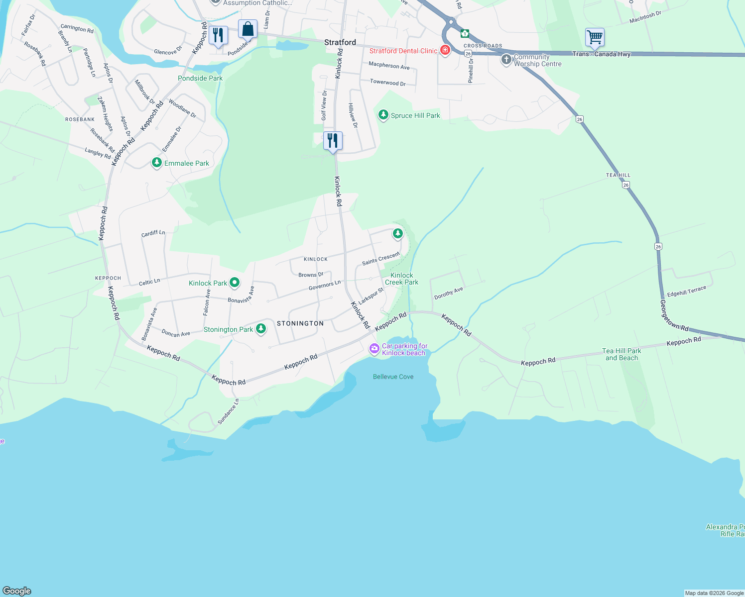 map of restaurants, bars, coffee shops, grocery stores, and more near 10 Larkspur Street in Stratford