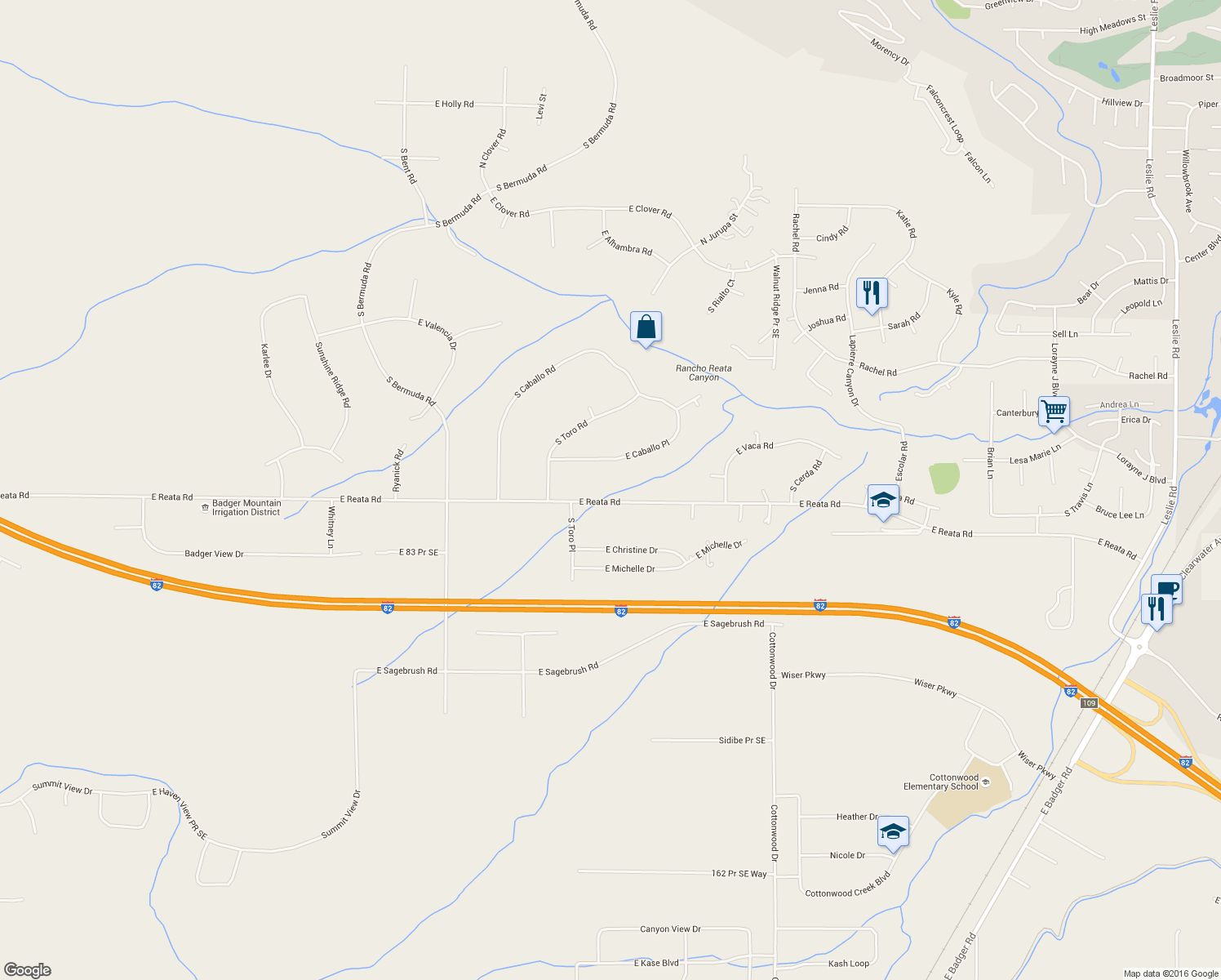 map of restaurants, bars, coffee shops, grocery stores, and more near 97606 East Reata Road in Kennewick