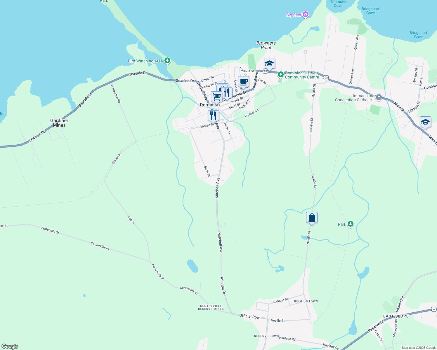 map of restaurants, bars, coffee shops, grocery stores, and more near 290 Mitchell Avenue in Dominion