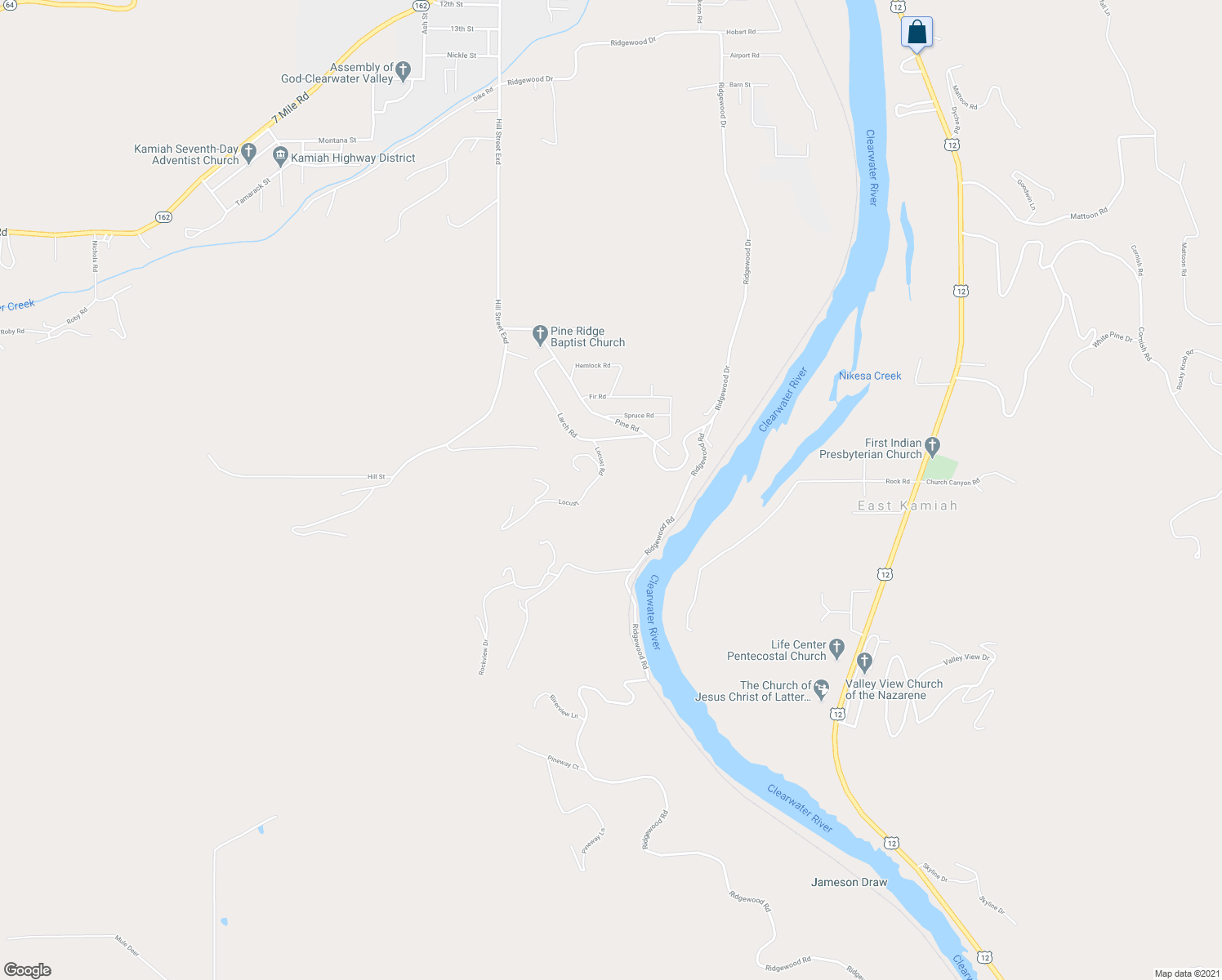 map of restaurants, bars, coffee shops, grocery stores, and more near 307 Locust Road in Kamiah