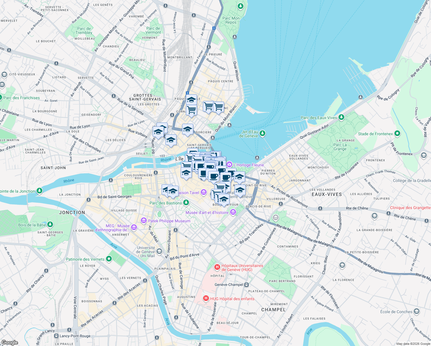map of restaurants, bars, coffee shops, grocery stores, and more near 70 Rue du Rhône in Genève
