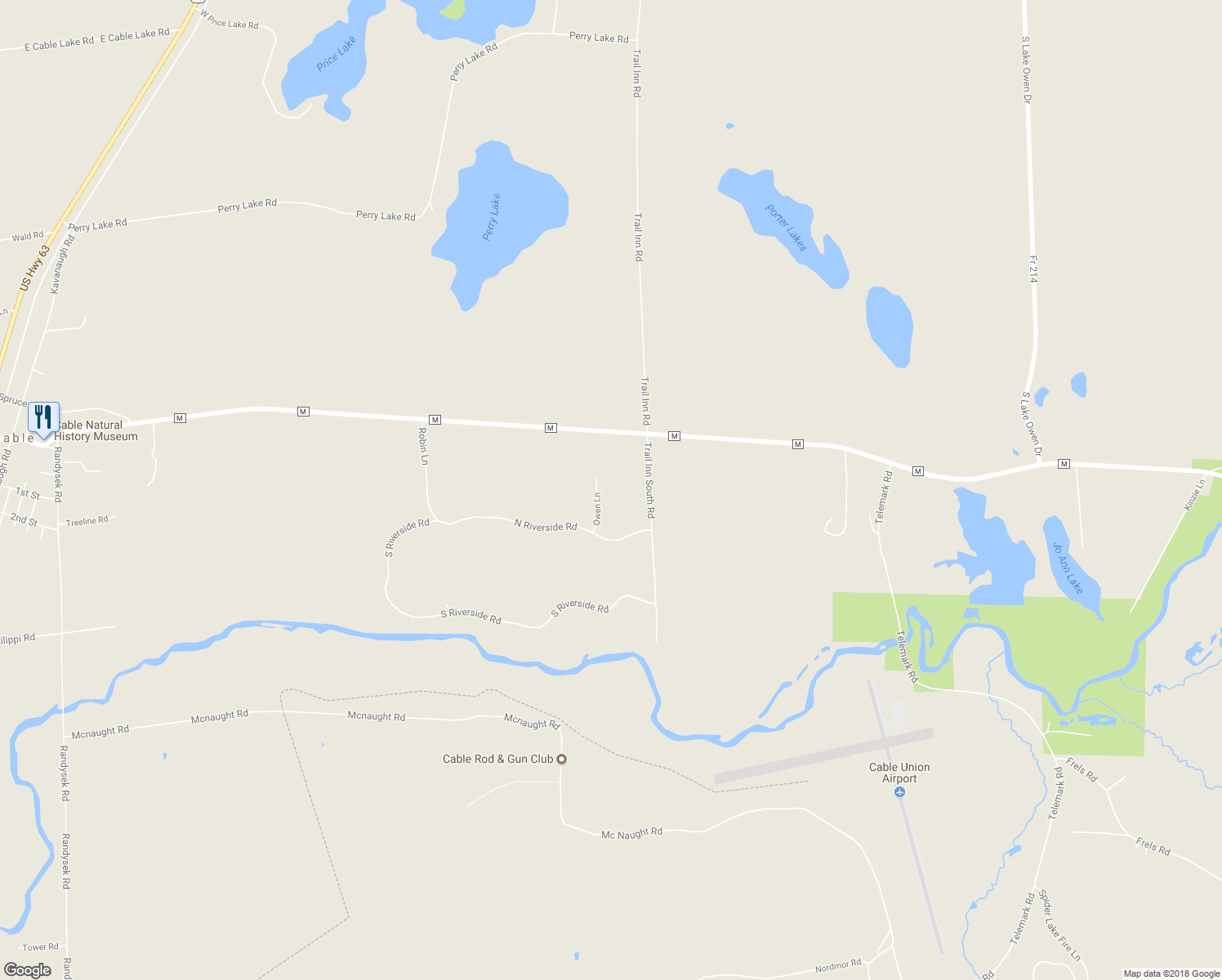 map of restaurants, bars, coffee shops, grocery stores, and more near 43438 Owen Lane in Cable