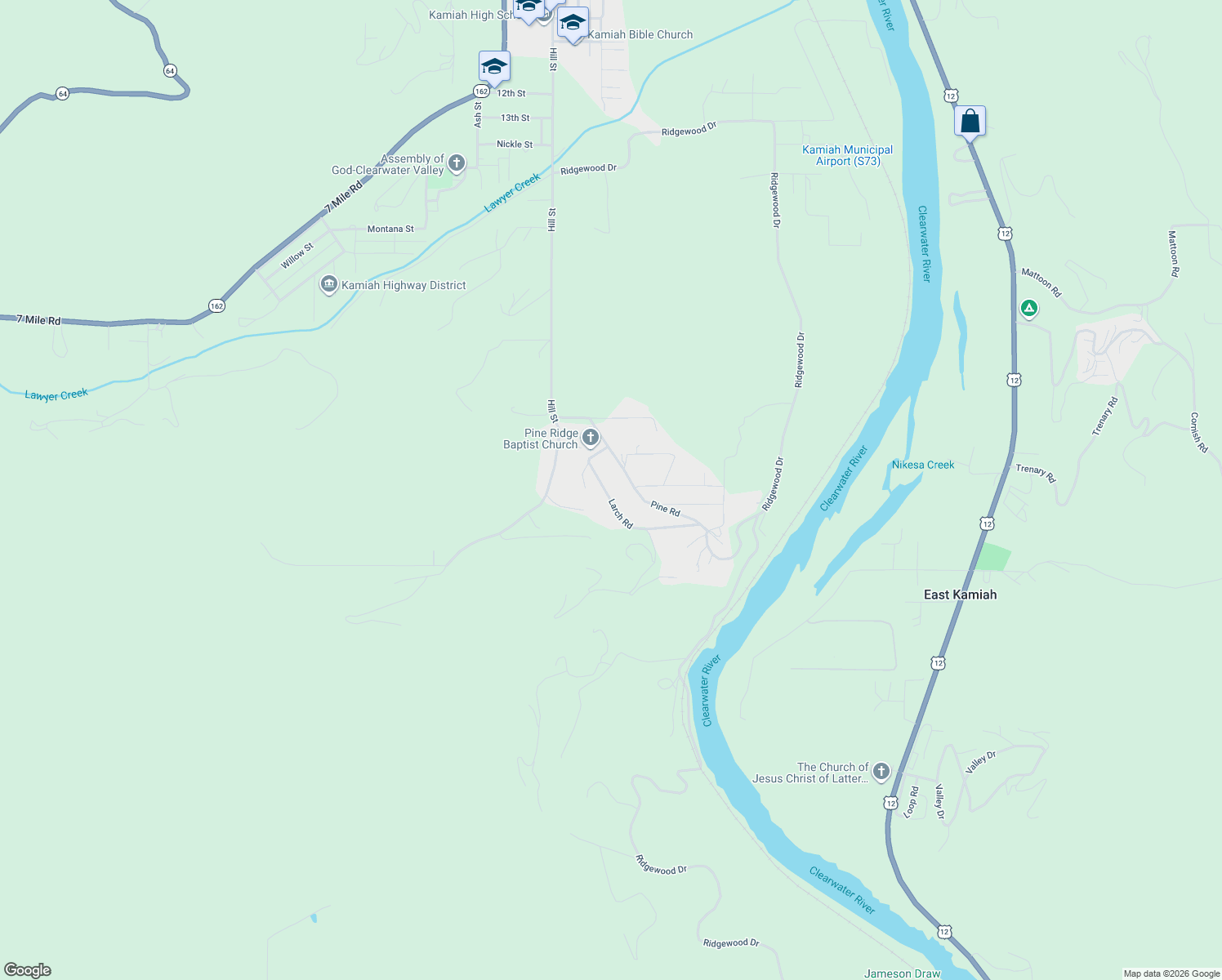 map of restaurants, bars, coffee shops, grocery stores, and more near 208 Larch Road in Kamiah