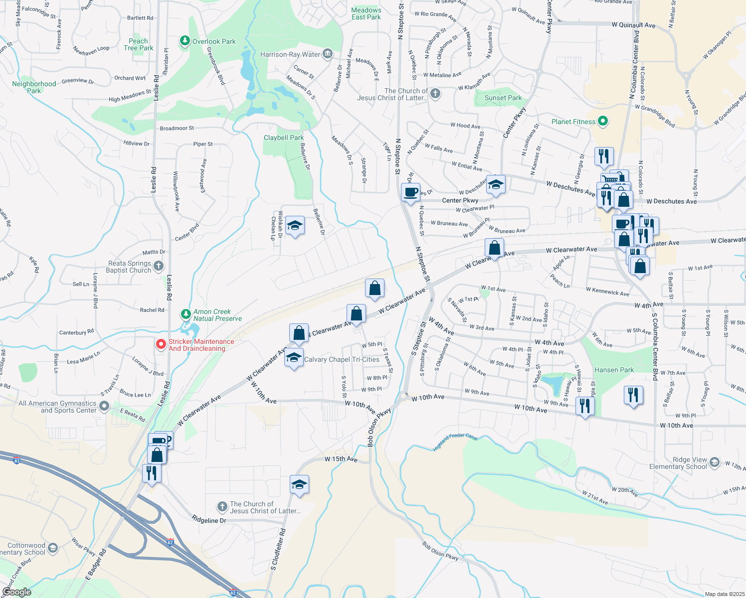 map of restaurants, bars, coffee shops, grocery stores, and more near 9200 West Clearwater Avenue in Kennewick