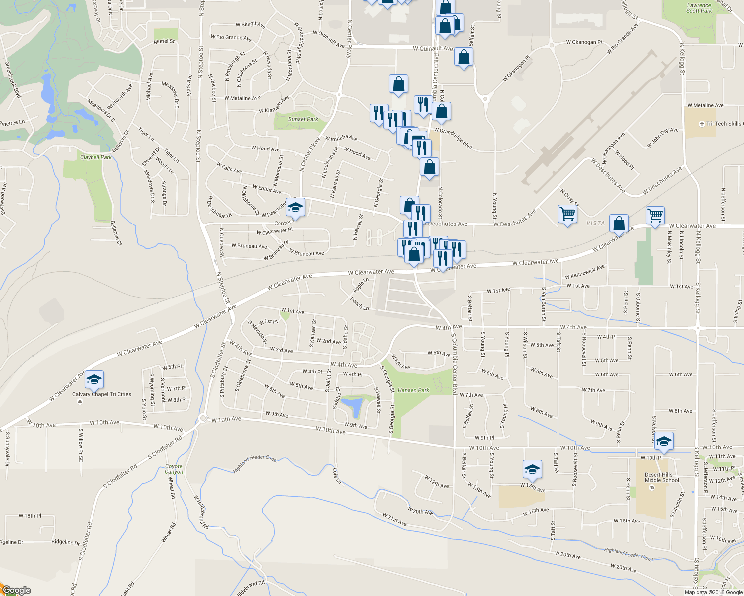 map of restaurants, bars, coffee shops, grocery stores, and more near Green Brier Drive in Kennewick