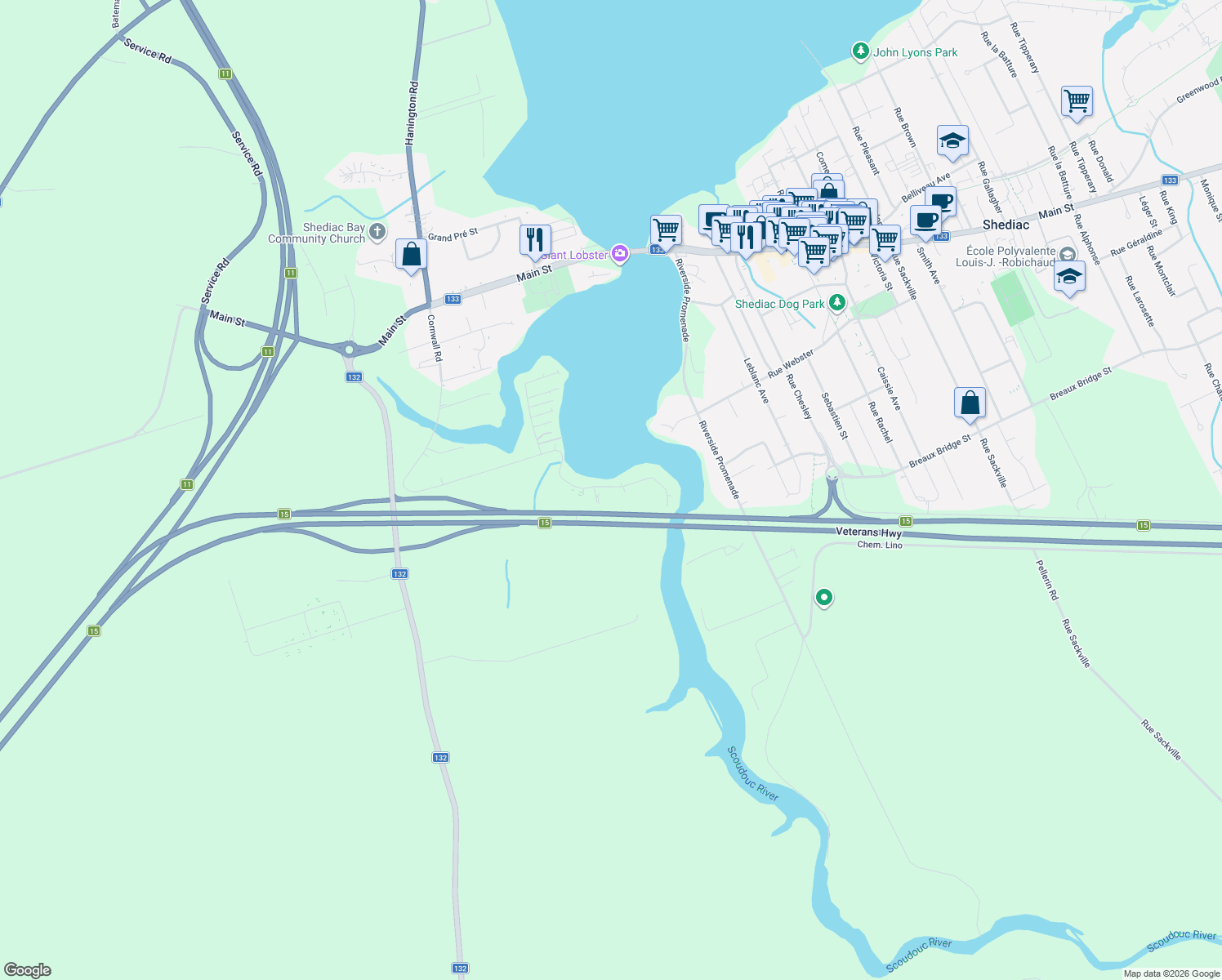 map of restaurants, bars, coffee shops, grocery stores, and more near 371 Cornwall Road in Shediac