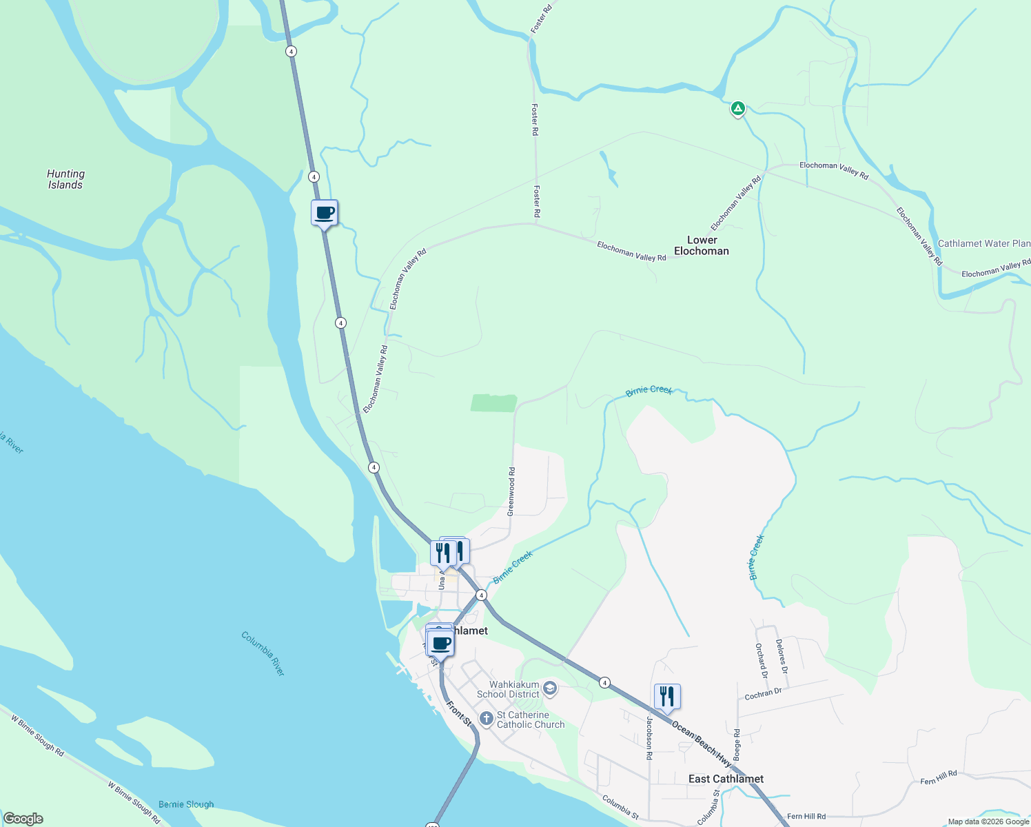 map of restaurants, bars, coffee shops, grocery stores, and more near 120 Greenwood Road in Cathlamet