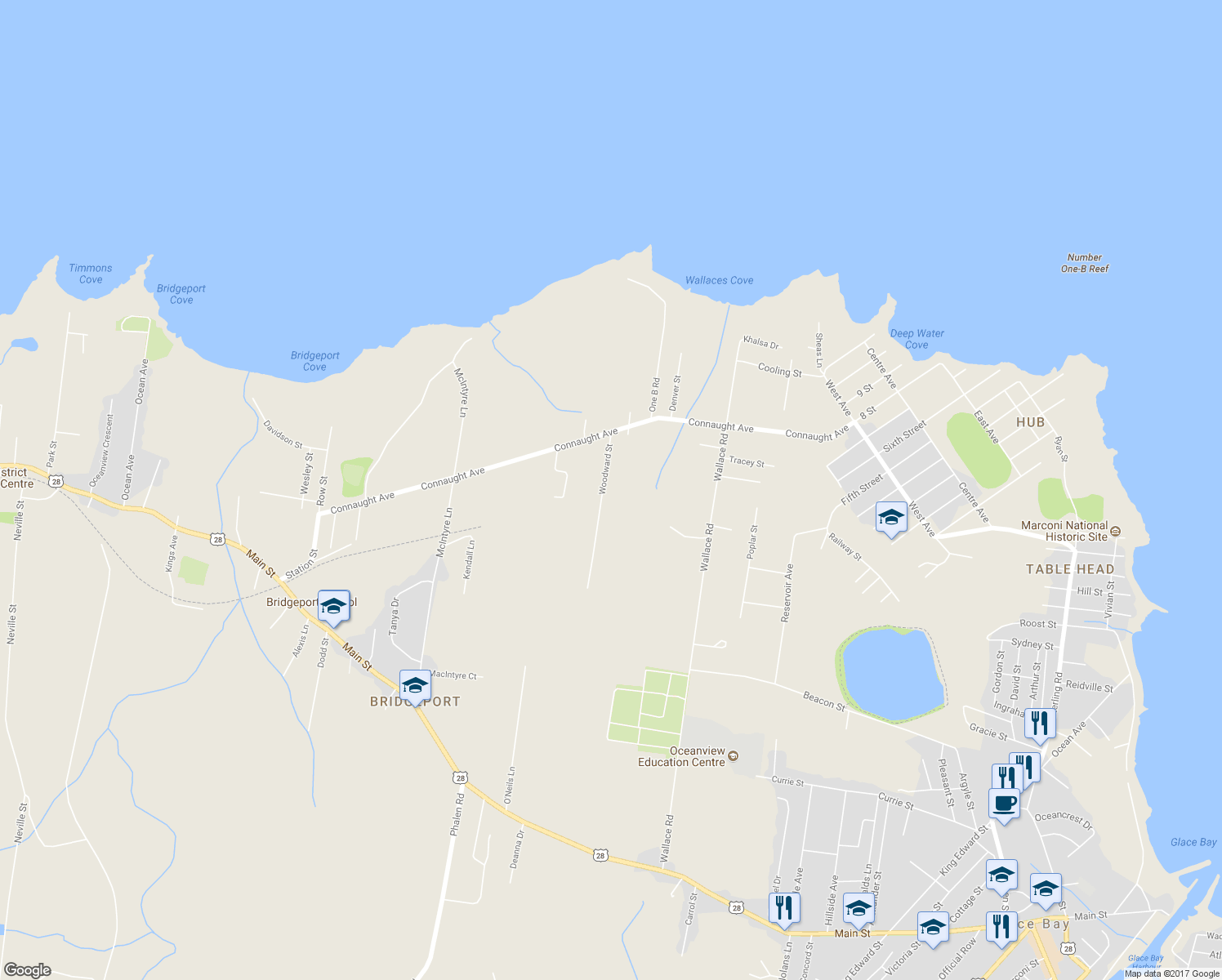 map of restaurants, bars, coffee shops, grocery stores, and more near 21 Woodward Street in Glace Bay