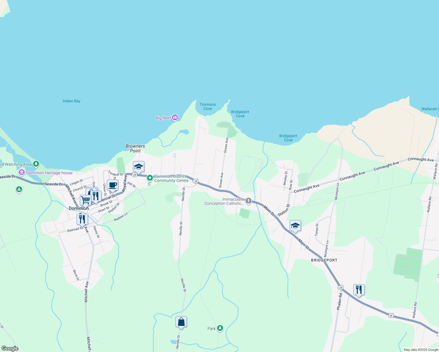 map of restaurants, bars, coffee shops, grocery stores, and more near 39 Ocean Avenue in Dominion