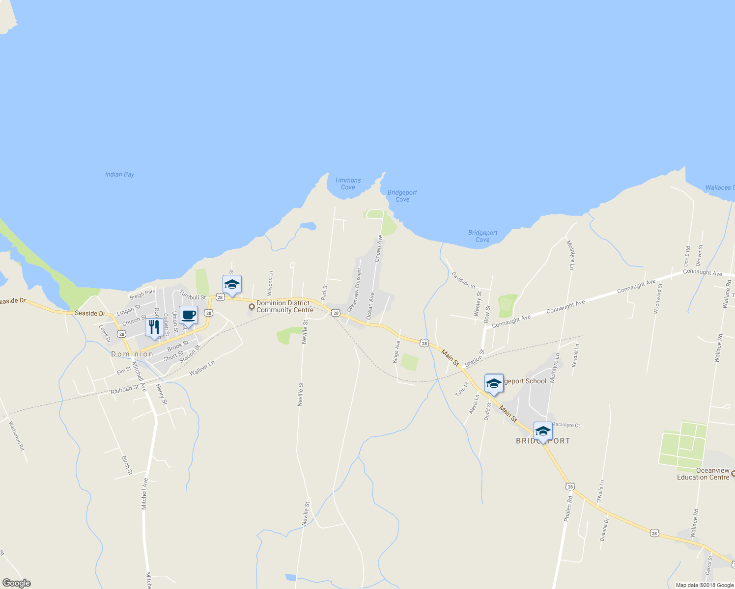 map of restaurants, bars, coffee shops, grocery stores, and more near 49 Ocean Avenue in Dominion