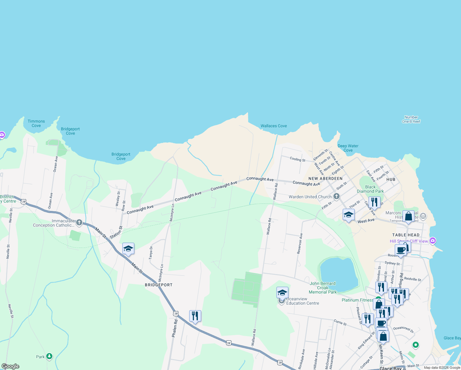 map of restaurants, bars, coffee shops, grocery stores, and more near 119 Connaught Avenue in Glace Bay