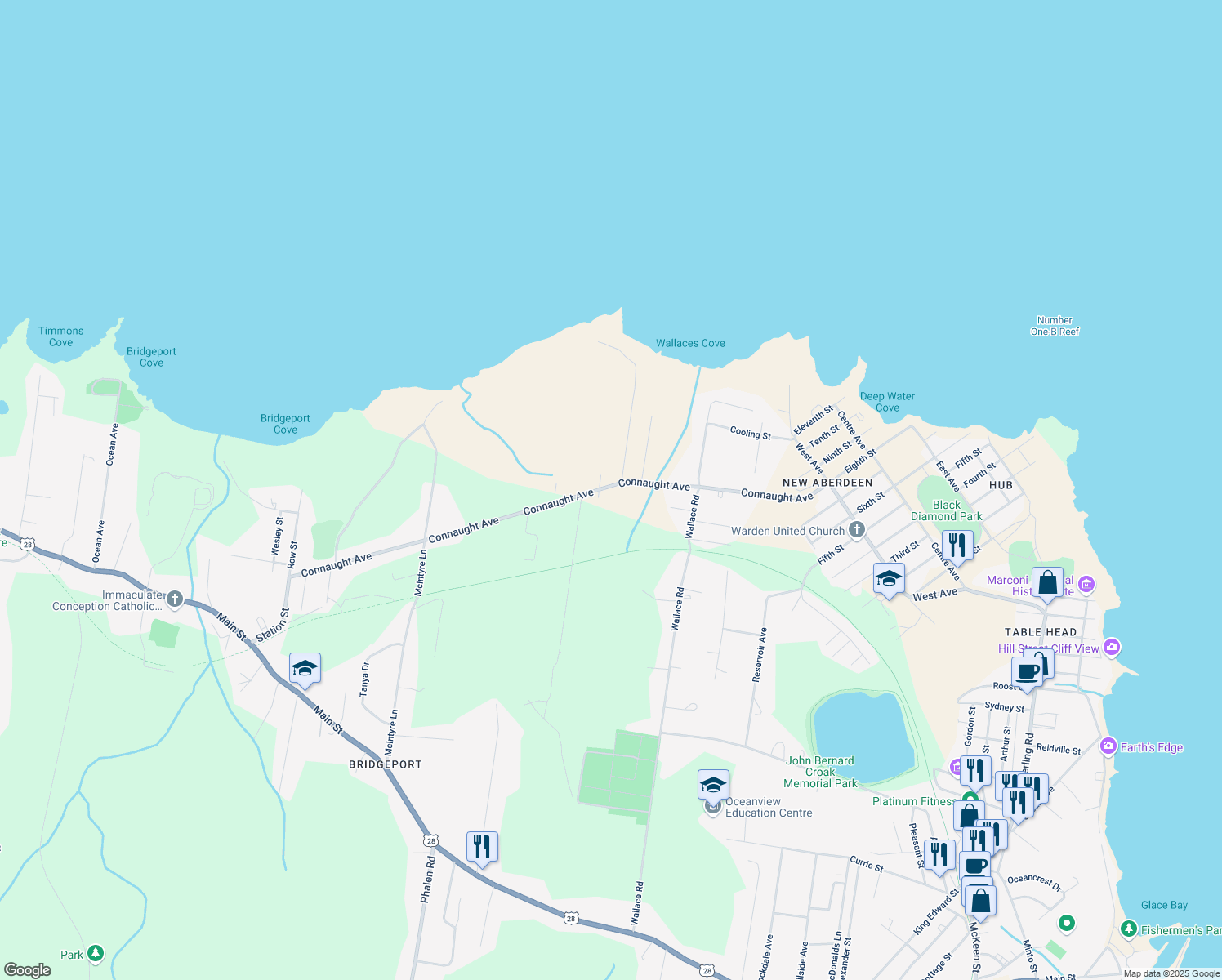 map of restaurants, bars, coffee shops, grocery stores, and more near 103 Connaught Avenue in Glace Bay