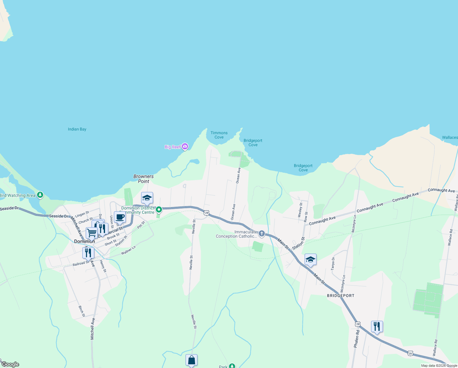 map of restaurants, bars, coffee shops, grocery stores, and more near 100 Oceanview Crescent in Dominion