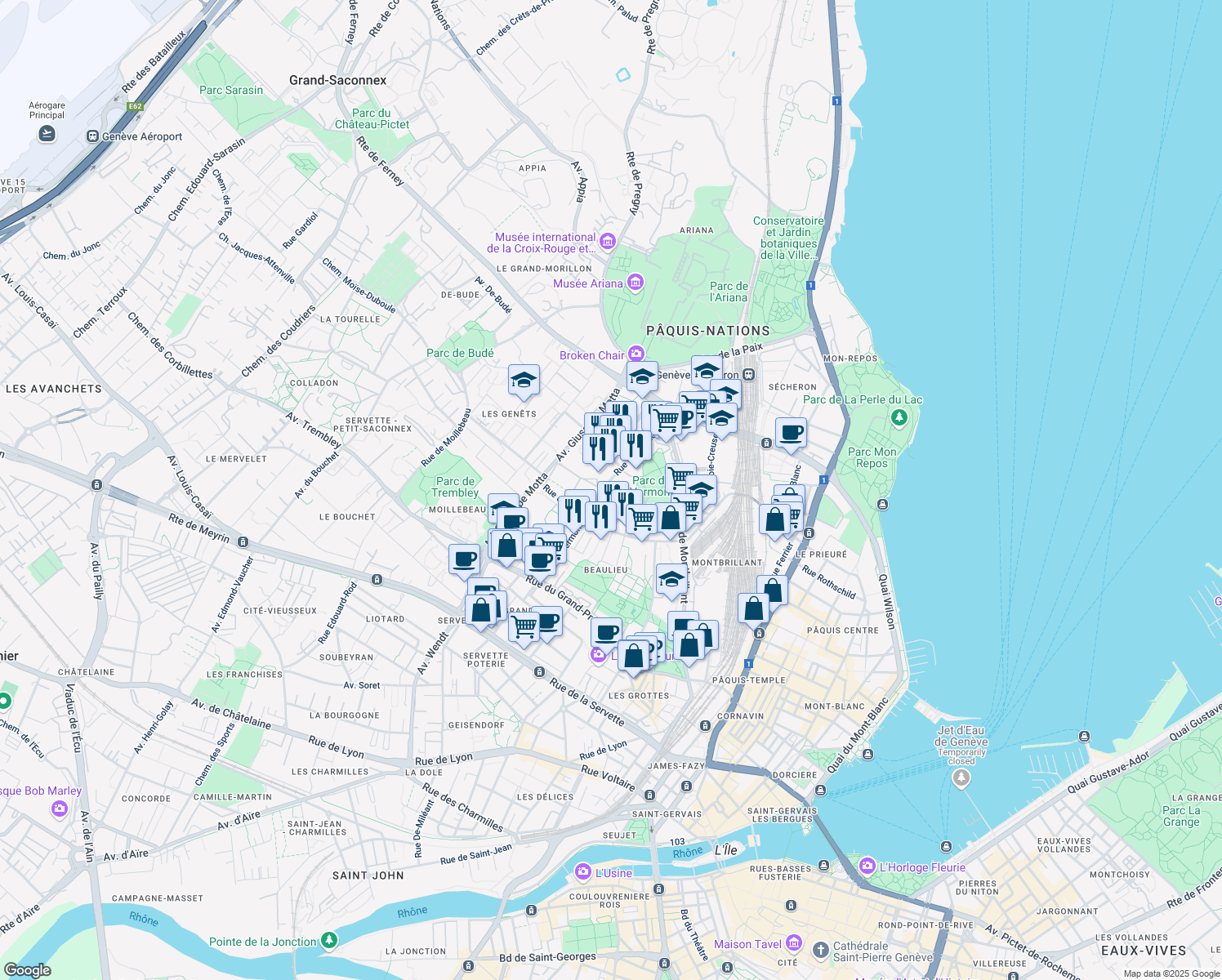 map of restaurants, bars, coffee shops, grocery stores, and more near 30 Rue de Vermont in Geneva