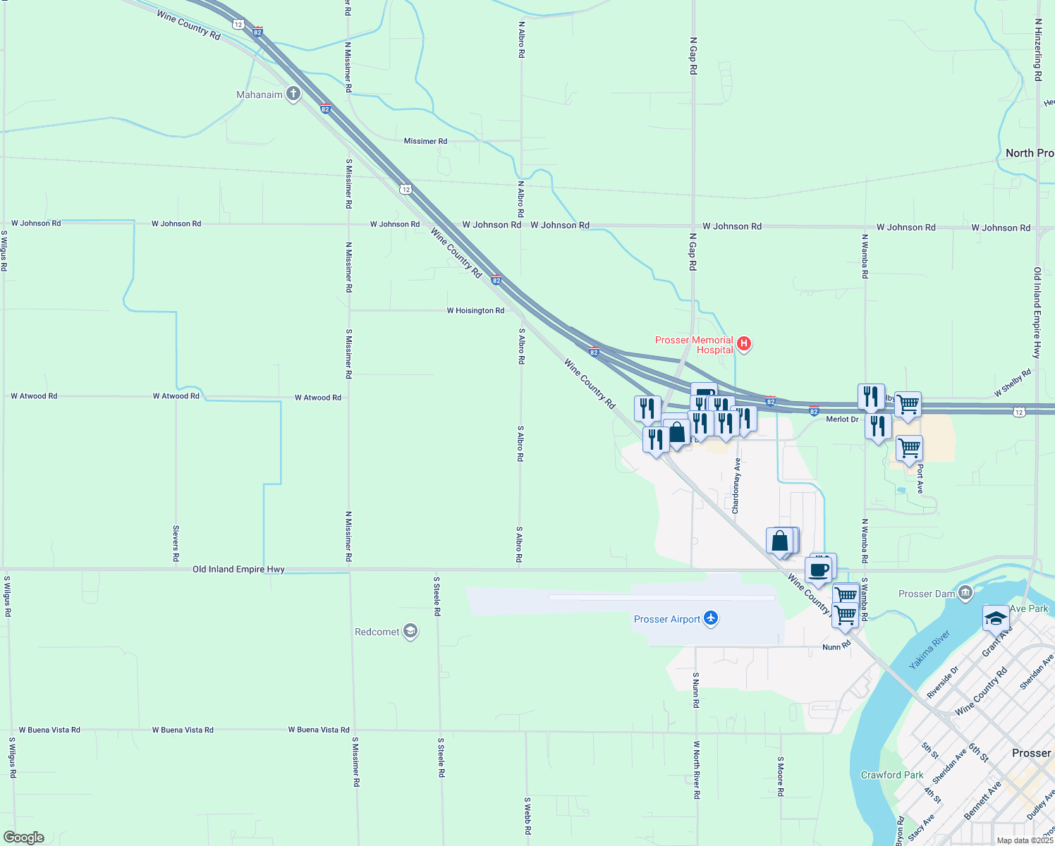 map of restaurants, bars, coffee shops, grocery stores, and more near 413 North Albro Road in Prosser