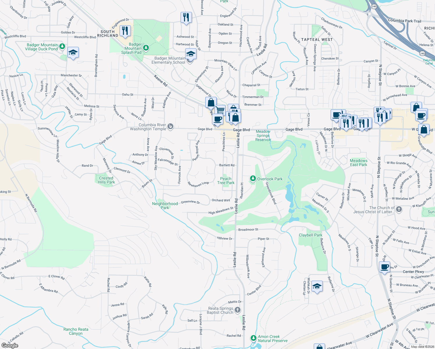 map of restaurants, bars, coffee shops, grocery stores, and more near 1924 Newhaven Loop in Richland