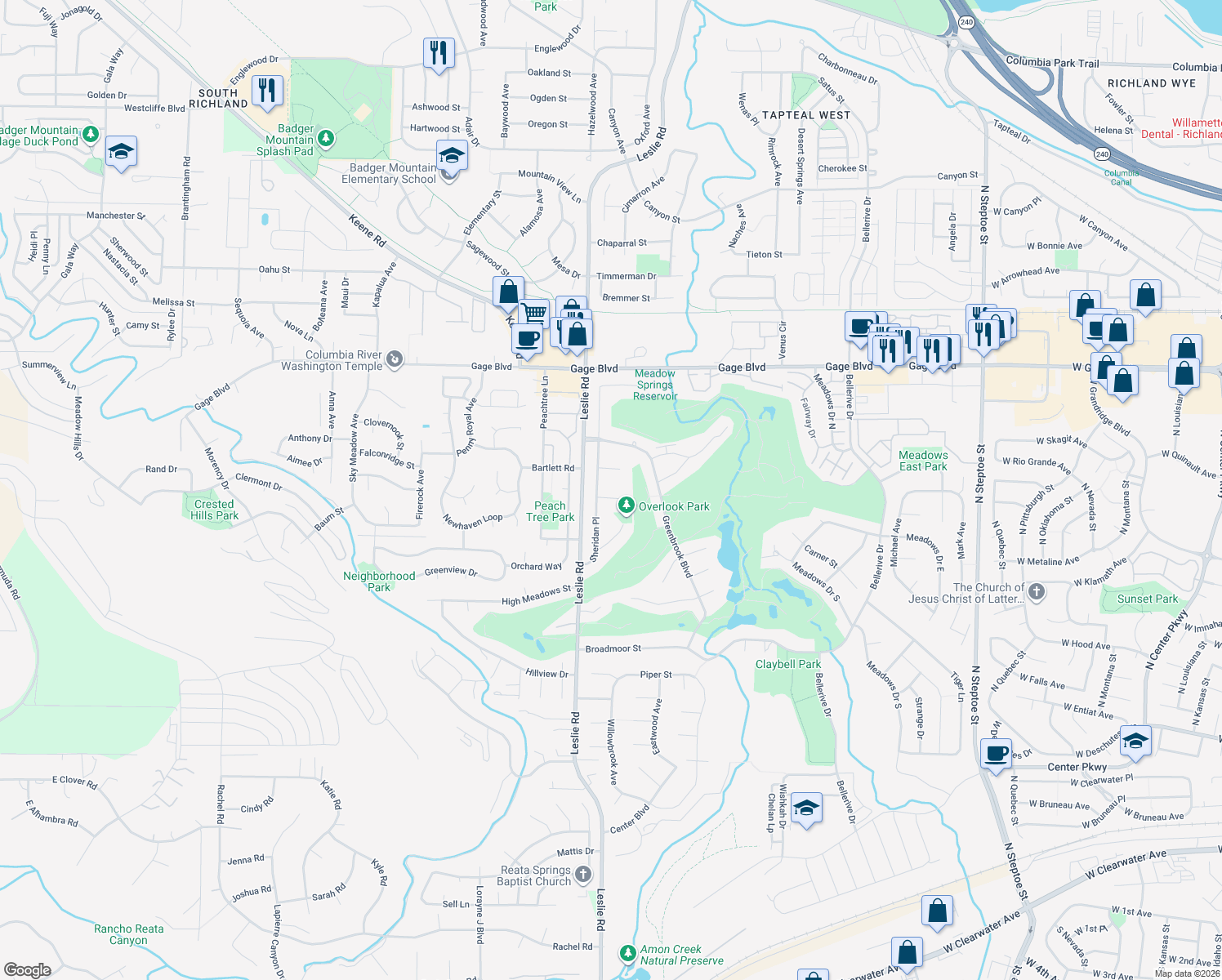 map of restaurants, bars, coffee shops, grocery stores, and more near 106 Oakmont Court in Richland